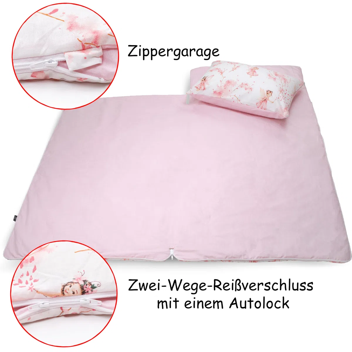 PinkZebra Sacco a Pelo Copriletto, 140 x 75 cm + federa cuscino 60 x 40 cm, per ragazze e ragazzi da 3 a 8 anni (fino a 135 cm di altezza), certificato Oeko-Tex, fata