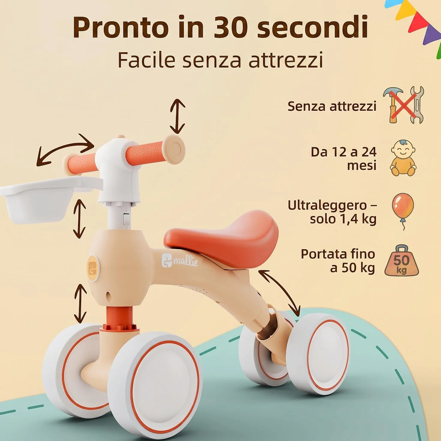 Mallie® Bicicletta Senza Pedali per 1 Anno con cestino - Balance Bike, Regalo Bambino 1 Anno, Bici Senza Pedali 2 Anni, Regalo Bimbo, Regalo Bambina