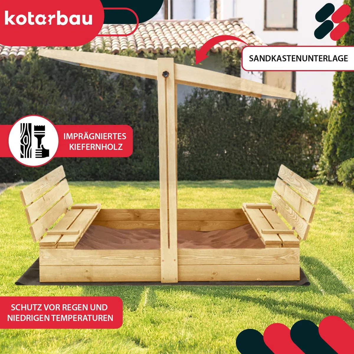 KOTARBAU® Sabbiera per Bambini - Legno di Pino - 140 x 140 cm - Naturale - Sabbiera con Coperchio - con Tetto Grigio e Sedute - da Esterno Giardino - Protezione Sole Pioggia