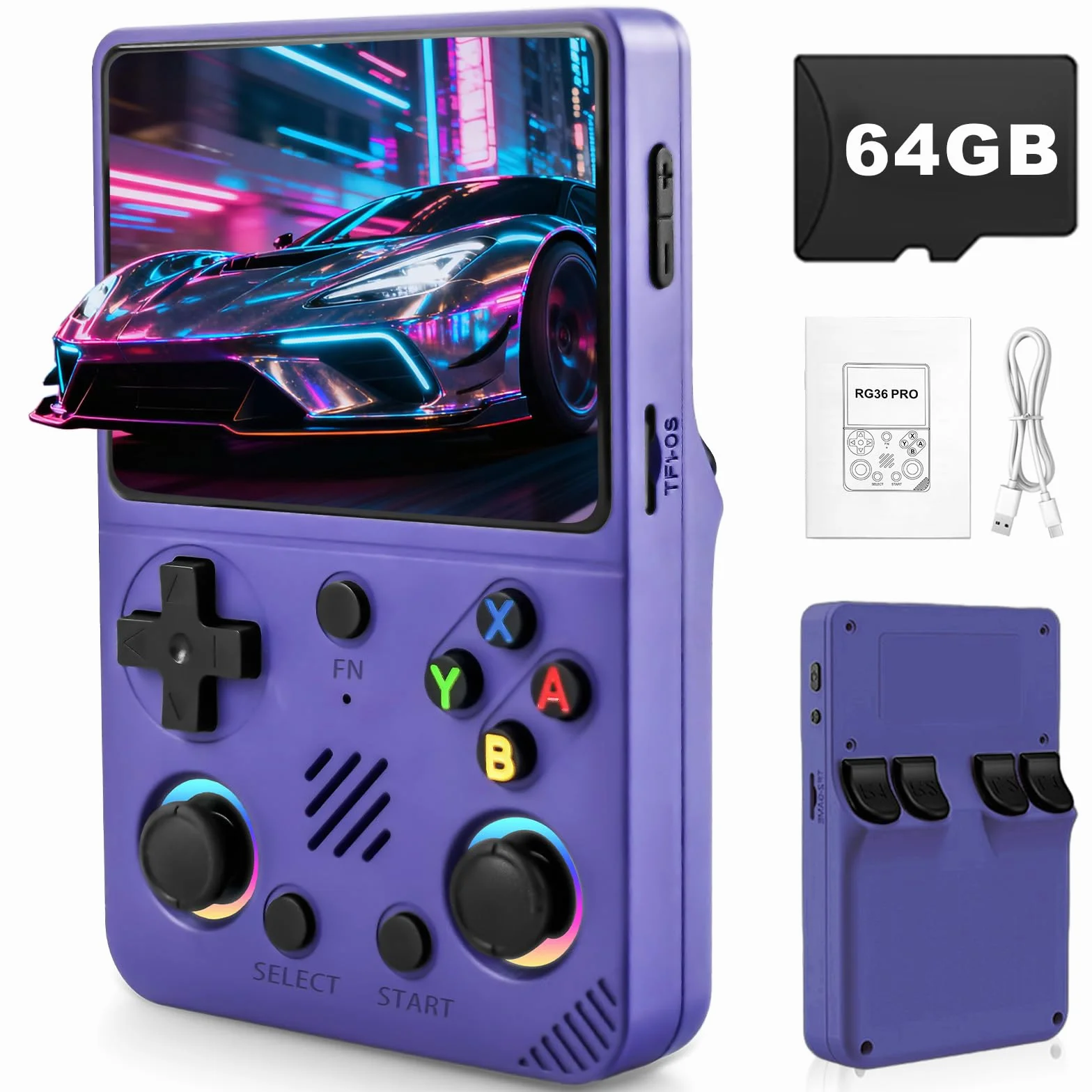 RG36PRO Retro Video Game Console-Support 30000+ Classic Games,3.5"IPS Screen,Open Source System,64G TF card,3000mAh Battery,Portable Console for Teen or Partner - Gift for Christmas - Purple