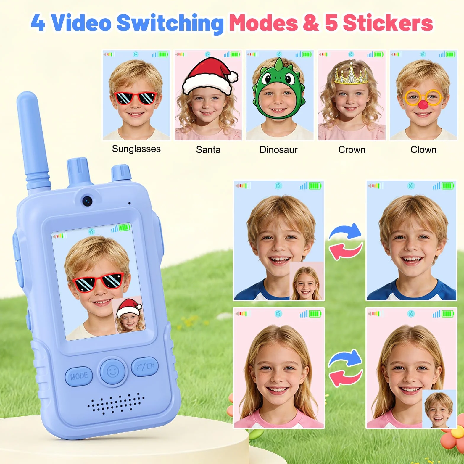 Video Walkie Talkie Bambini, 2 Walkie Talkie Ricaricabili con Display, Telecamera HD& Modificatore Vocale, Lunga Portata, Regalo per Bambini e Bambine dai 3 ai 12 Anni