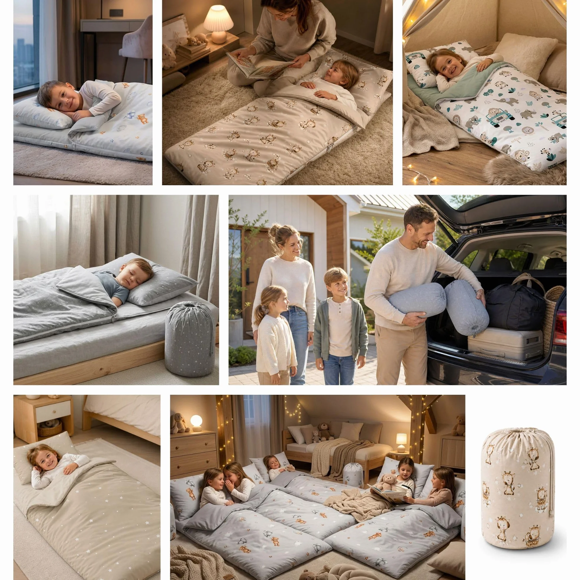 Sacco a pelo per bambini con cuscino e cerniera per bambini da 3 a 7 anni - 140 x 75 cm sacco a pelo per interni per asilo e scuola materna con coperta integrata Oeko-Tex Beige con stelle bianche
