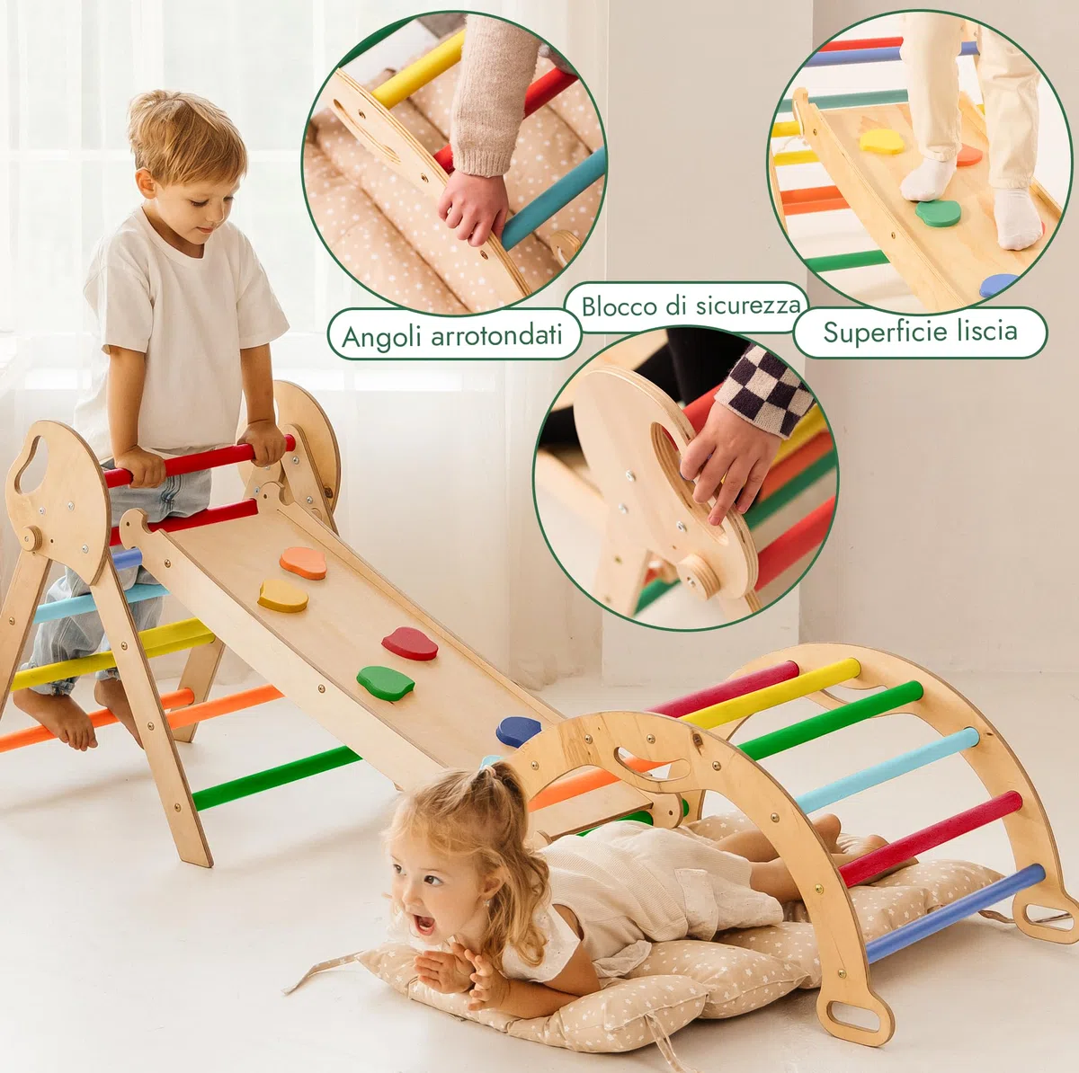 Set Montessori 5-in-1 per arrampicata: triangolo da arrampicata, arco con cuscino e scivolo per bambini 1-3 anni