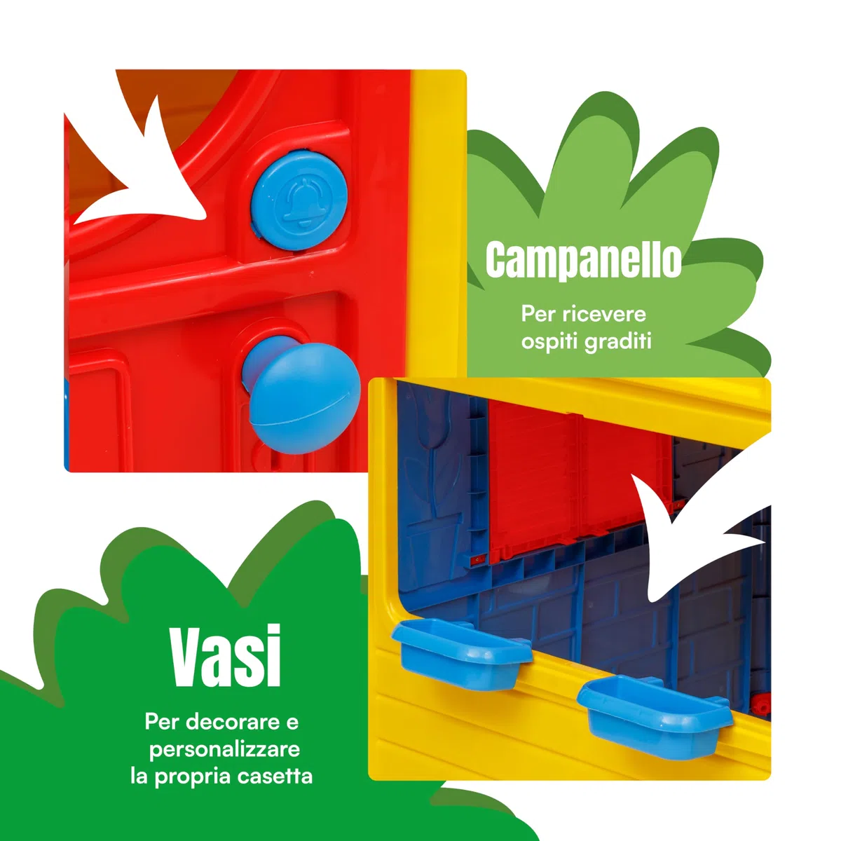 Baroni Toys Casetta da Giardino per Bambini, Casina in Plastica 122x104x110 cm Gialla Rossa Blu con Recinto