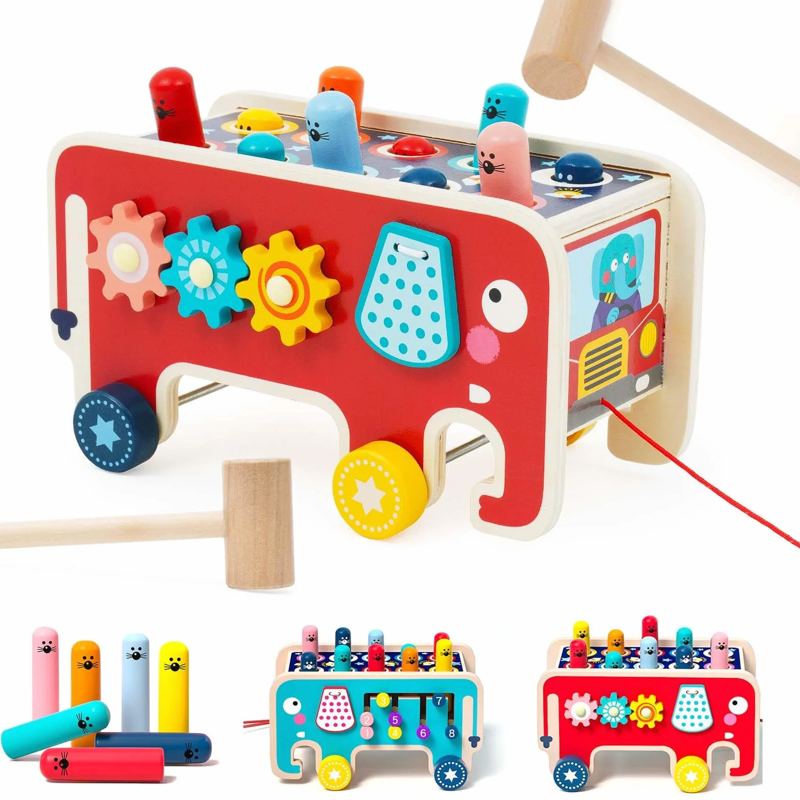 NUKied Giocattoli di Legno a Martello con 2 Mazze|Banco di Martello Multifunzionale| Forma di Elefante Labirinto Montessori Gioco Abilità motorie