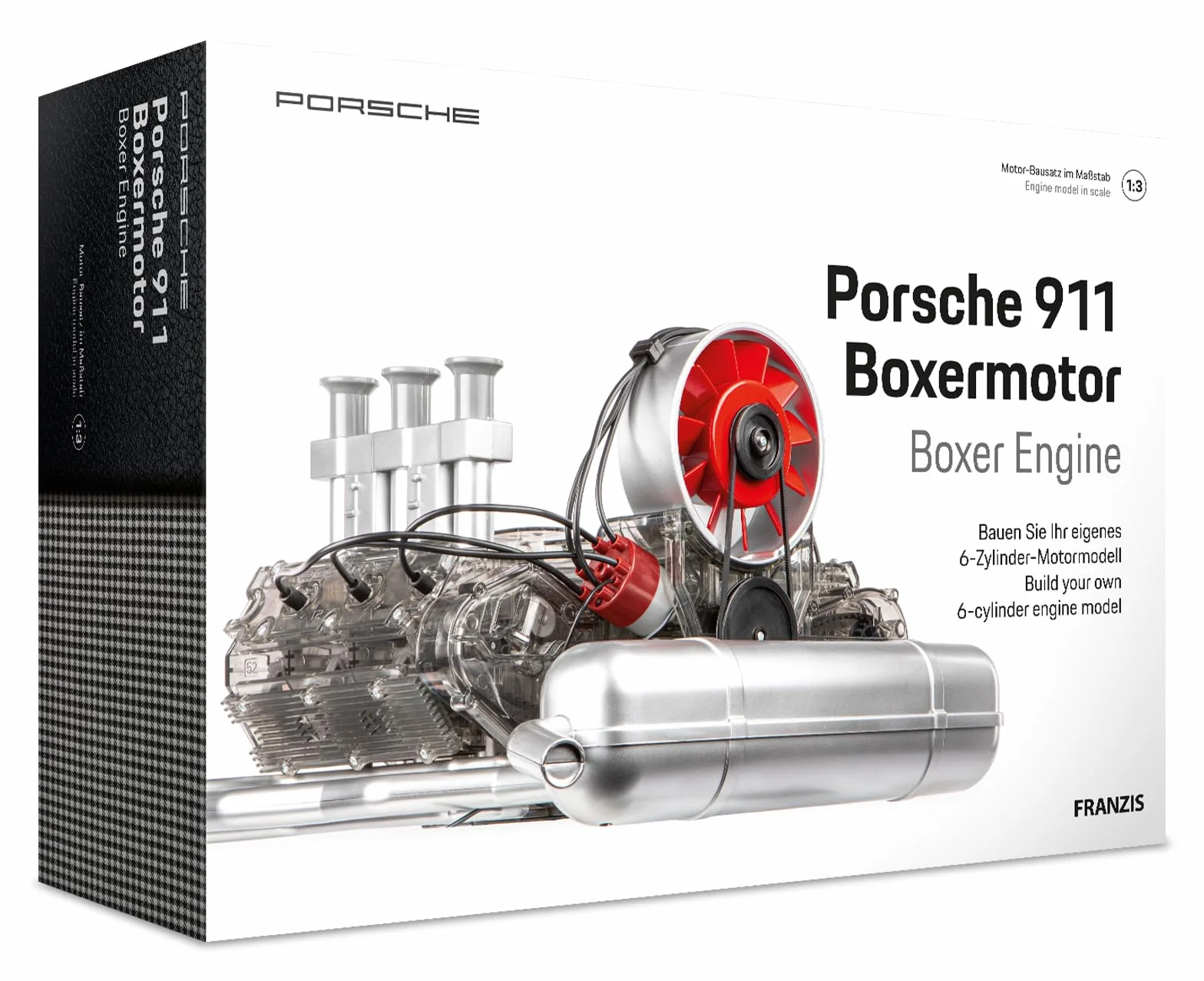Franzis 67224 - Motore da Boxe Porsche 911, Kit da 290 Pezzi, Modello Funzionale Trasparente, Albero Motore Mobile, Pistoni e valvole, con Motore a 6 cilindri raffreddato ad Aria