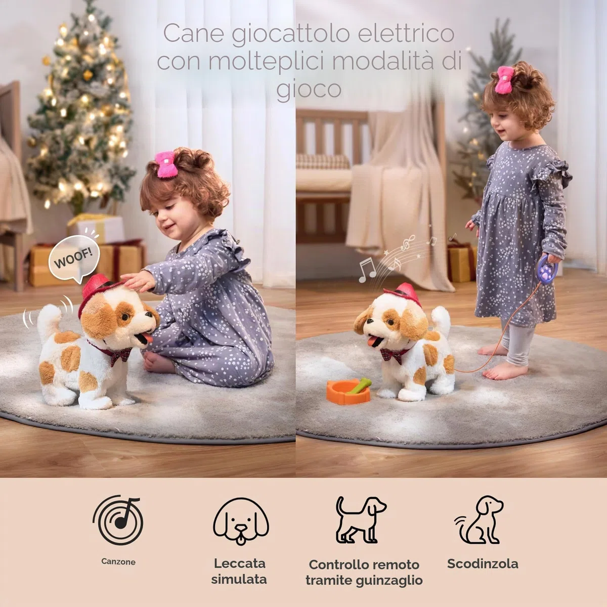 Peluche Cane Interattivo che Abbaia e Cammina e Leccare con Guinzaglio Giocattolo per Bambini 3-6+ Anni