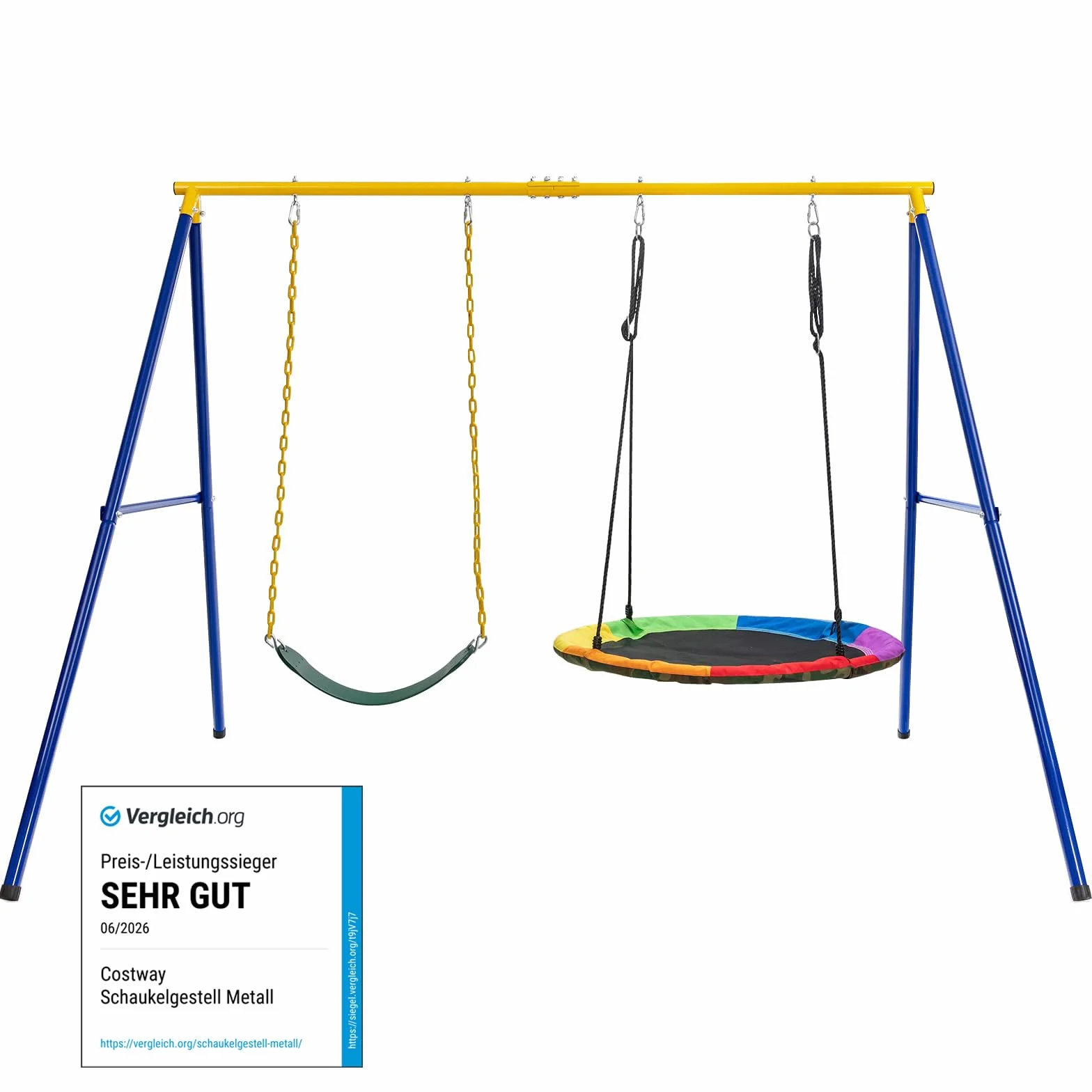 COSTWAY Set Altalena da Giardino per Bambini, Struttura di Metallo ad A con 1 Sedile in EVA Morbido e 1 Altalena Nido, Capacità 300 kg, Ideale per Giardino Parco Giochi (Giallo+Blu, Altalena+Supporto)