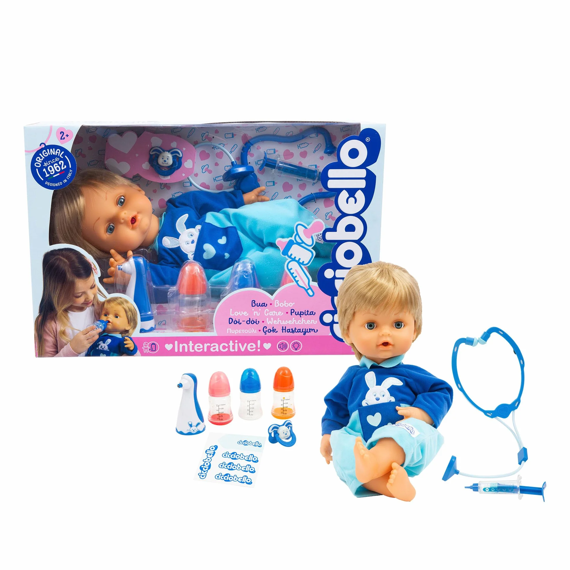 Cicciobello Bua, Bambola Interattiva con Accessori, Giochi Bambini 2 anni, Accessori per la Cura Come Termometro e Stetoscopio, Usa il Ciuccio per Farlo Smettere di Piangere!