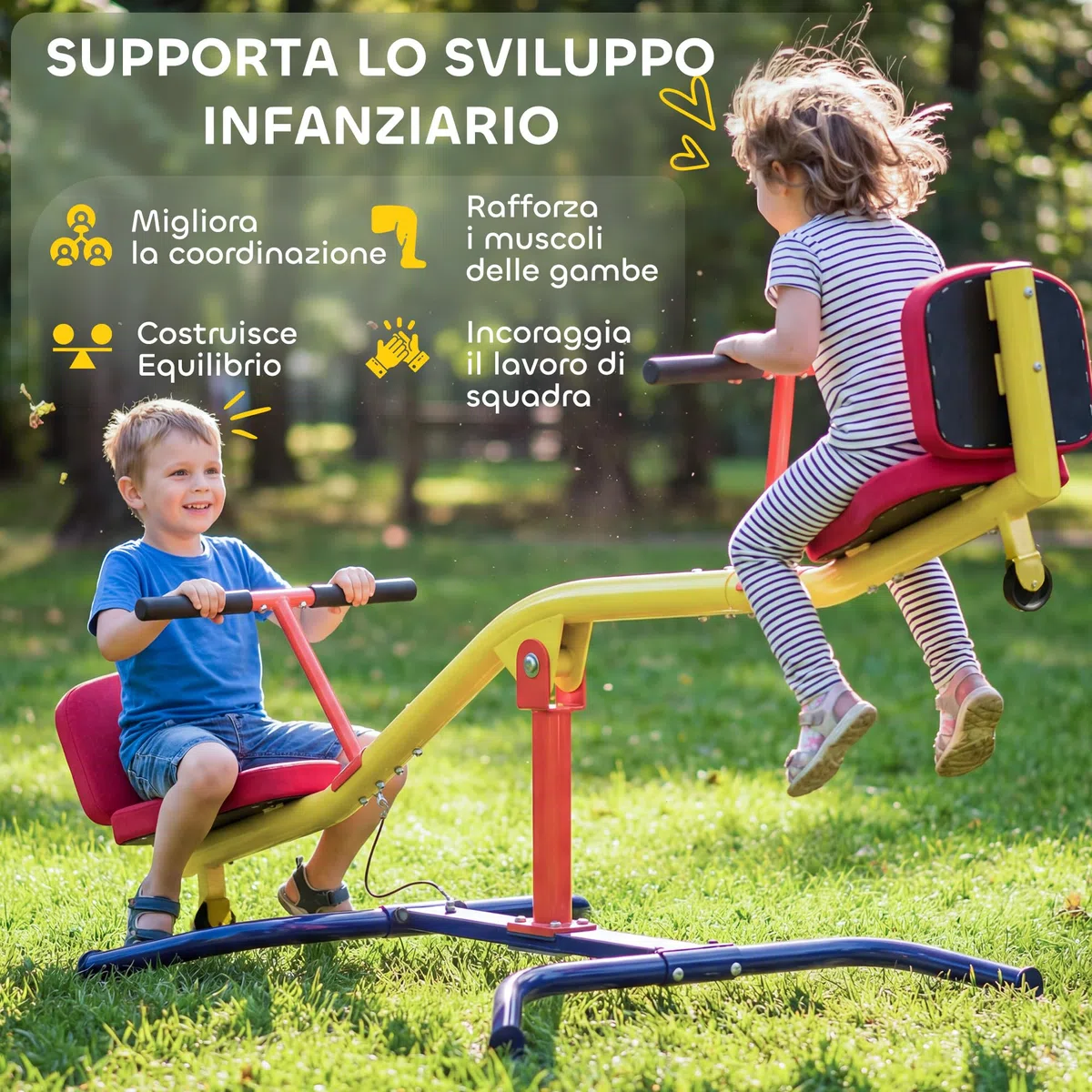 AIYAPLAY Altalena Bilico Bambini Girevole 360° 200kg 2 Posti Maniglie Antiscivolo Sedili Imbottiti Schienale Ruote Dondolo Esterno 253x96x75 cm