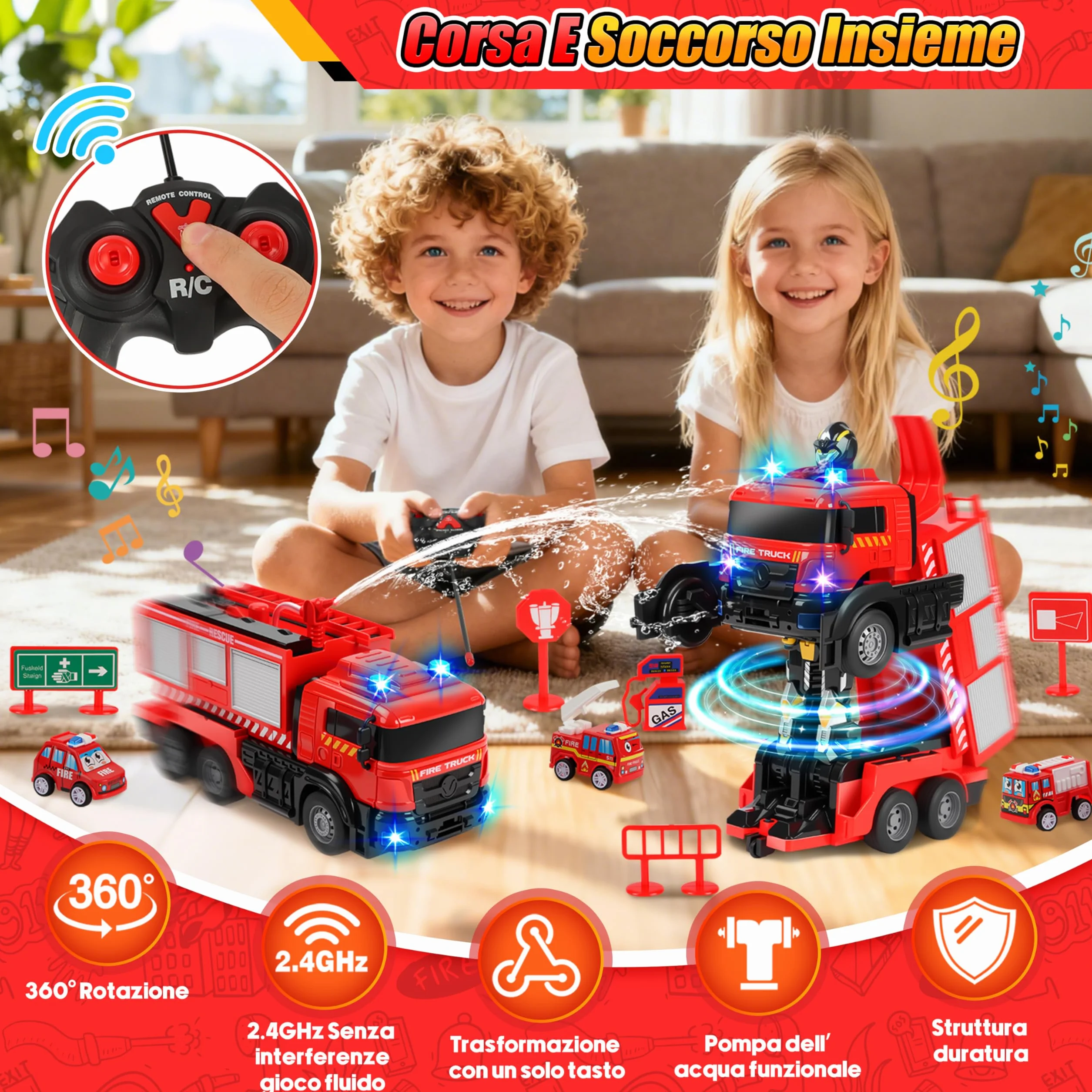 Charmofun Camion Pompieri Giocattolo Telecomandato, Autopompa Vigili del Fuoco con Luci e Suoni, Pompiere Giocattoli con Irrigatore, Trasforma Robot e Macchina Telecomandata, Regalo Bambini