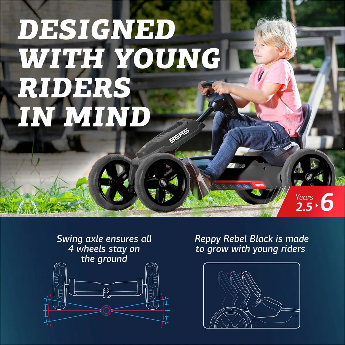 BERG Reppy Rebel Black Go-kart a pedali per bambini 2,5-6 anni Sedile regolabile Assale oscillante Ruote EVA anti-foratura Telaio leggero