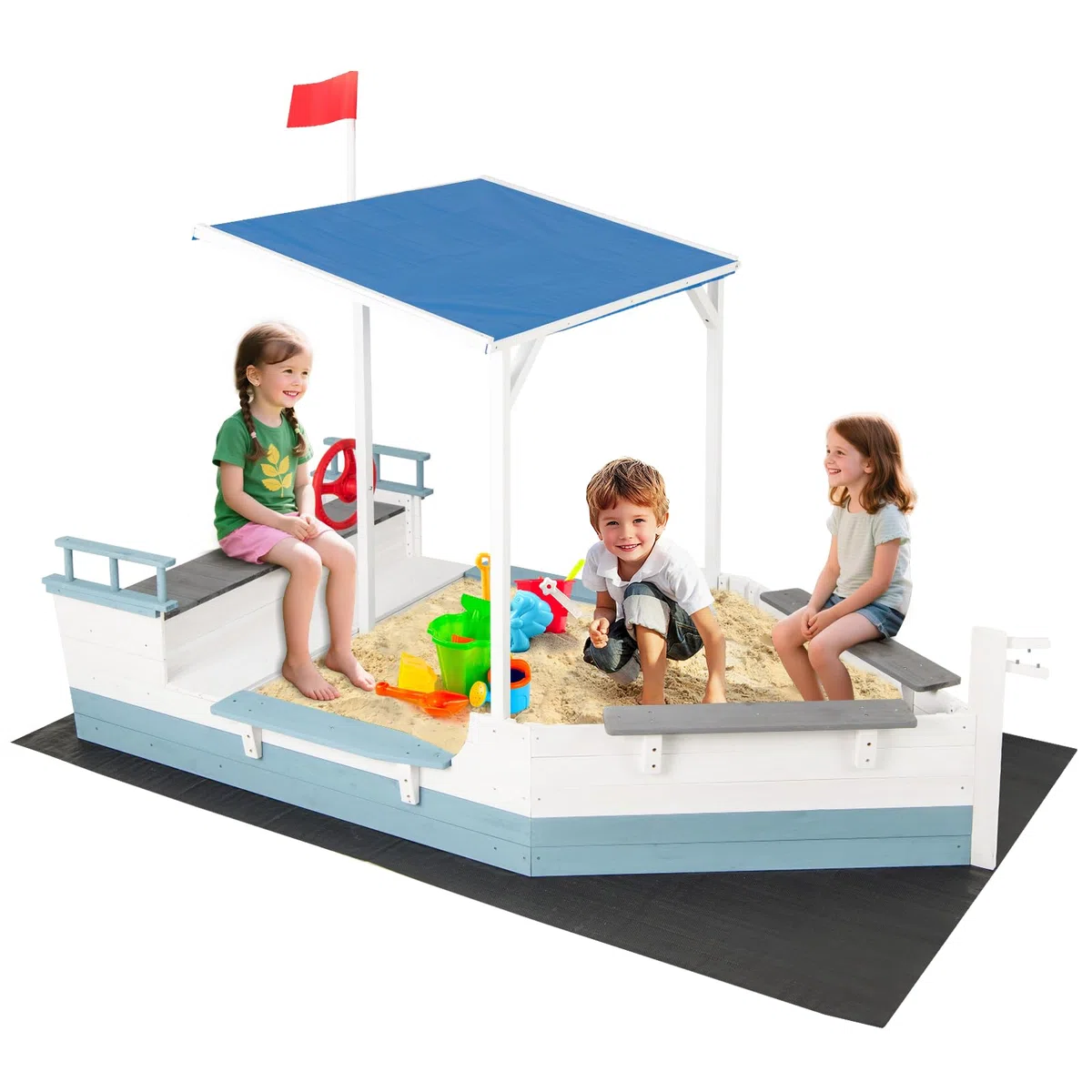 GYMAX Sabbiera in Legno di Abete, Casetta da Gioco per Giardino a Forma di Nave con Tetto Spiovente, Rivestimento, Sedili Multipli, Ampio Spazio di Stoccaggio, Sabbiera da Esterno per Bambini