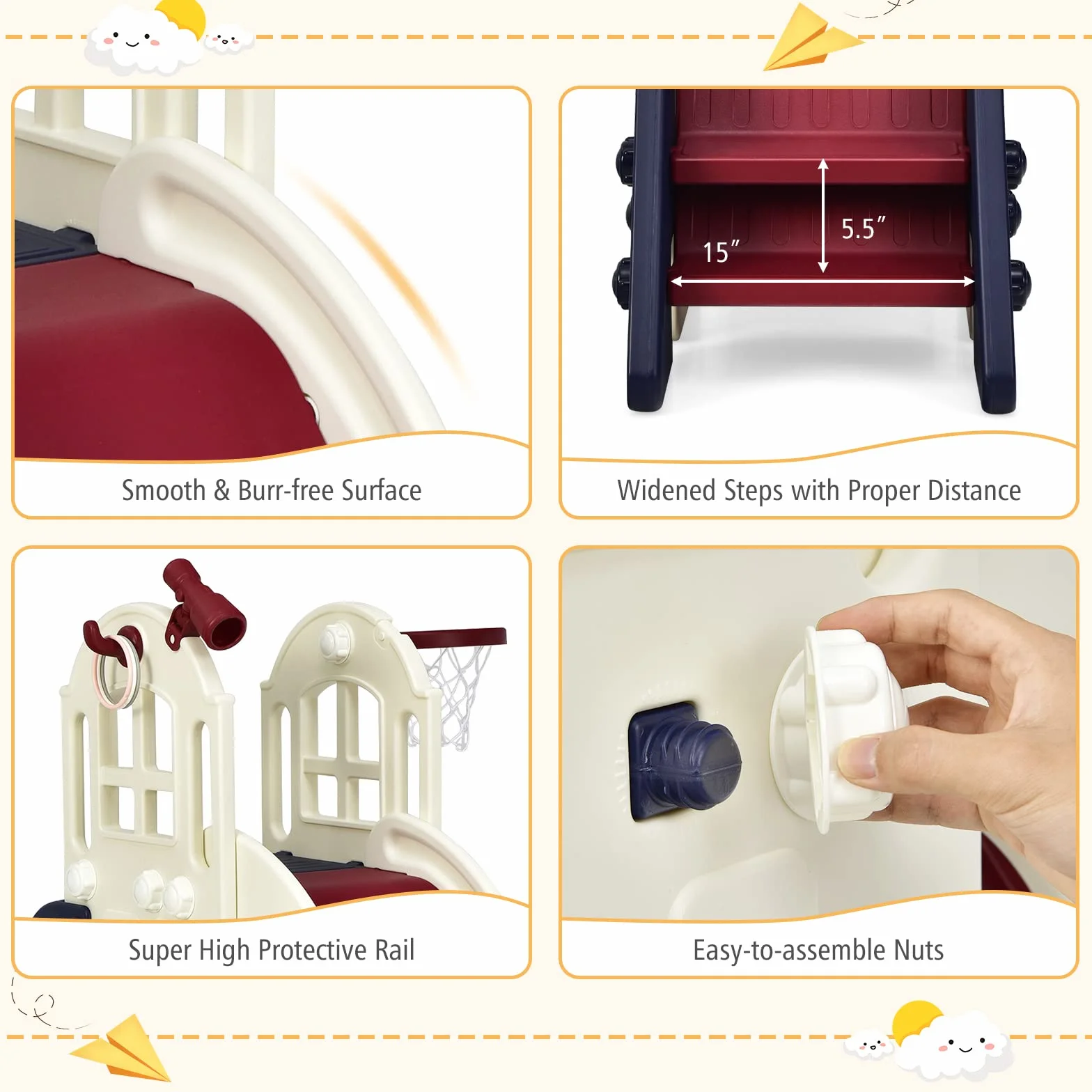 RELAX4LIFE 3 in 1 Centro Attività per Bambini, Parco Giochi con Scivolo, Anello di Lancio e Canestro, Set di Scivoli per Bambini da Giardino o Cameretta, Età 18 mesi-5 anni (Blu+Beige)