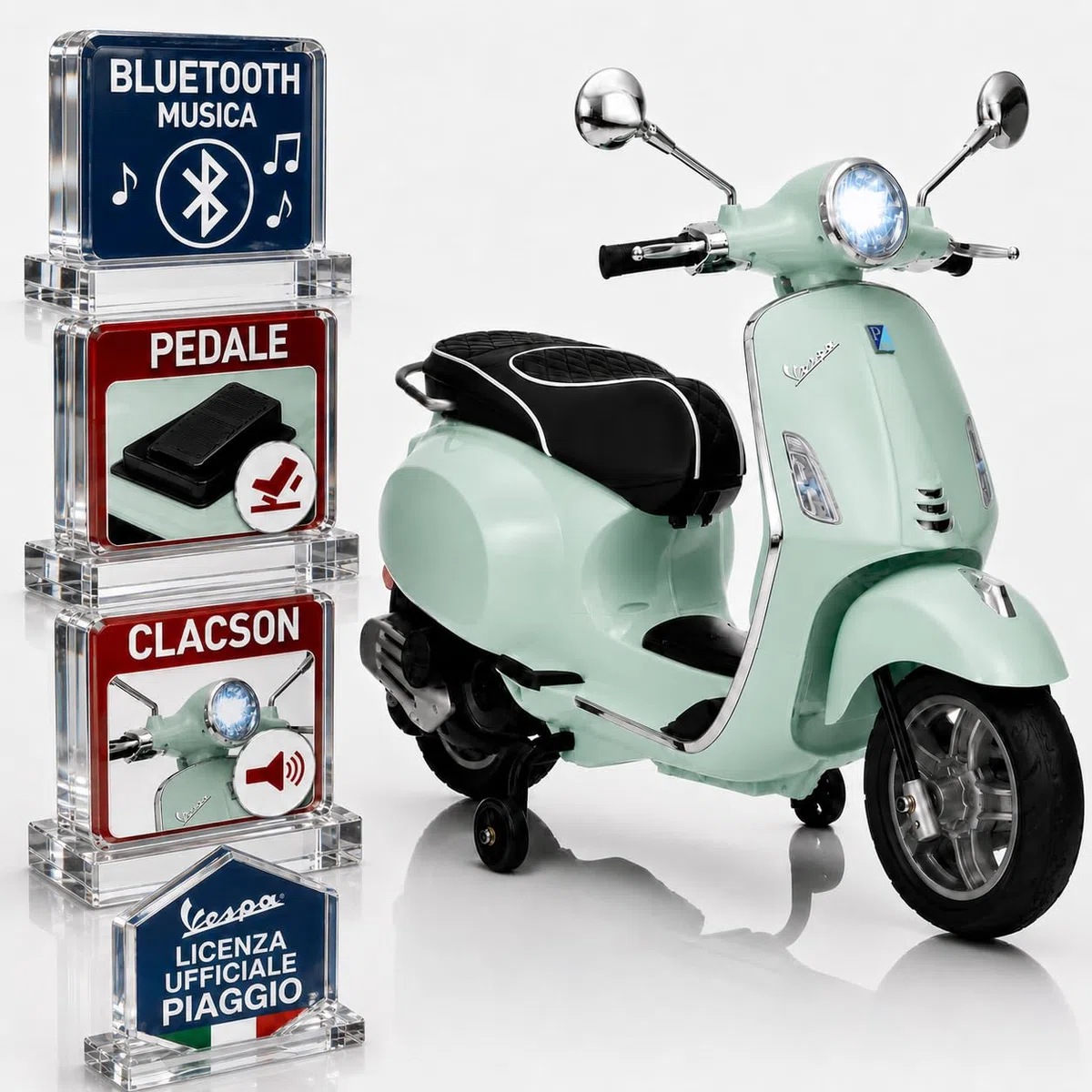Piaggio Vespa Elettrica Bambini 12V TOYSCAR Moto Elettrica con Luci LED Bluetooth Sedile Pelle Retromarcia Rotelle Menta