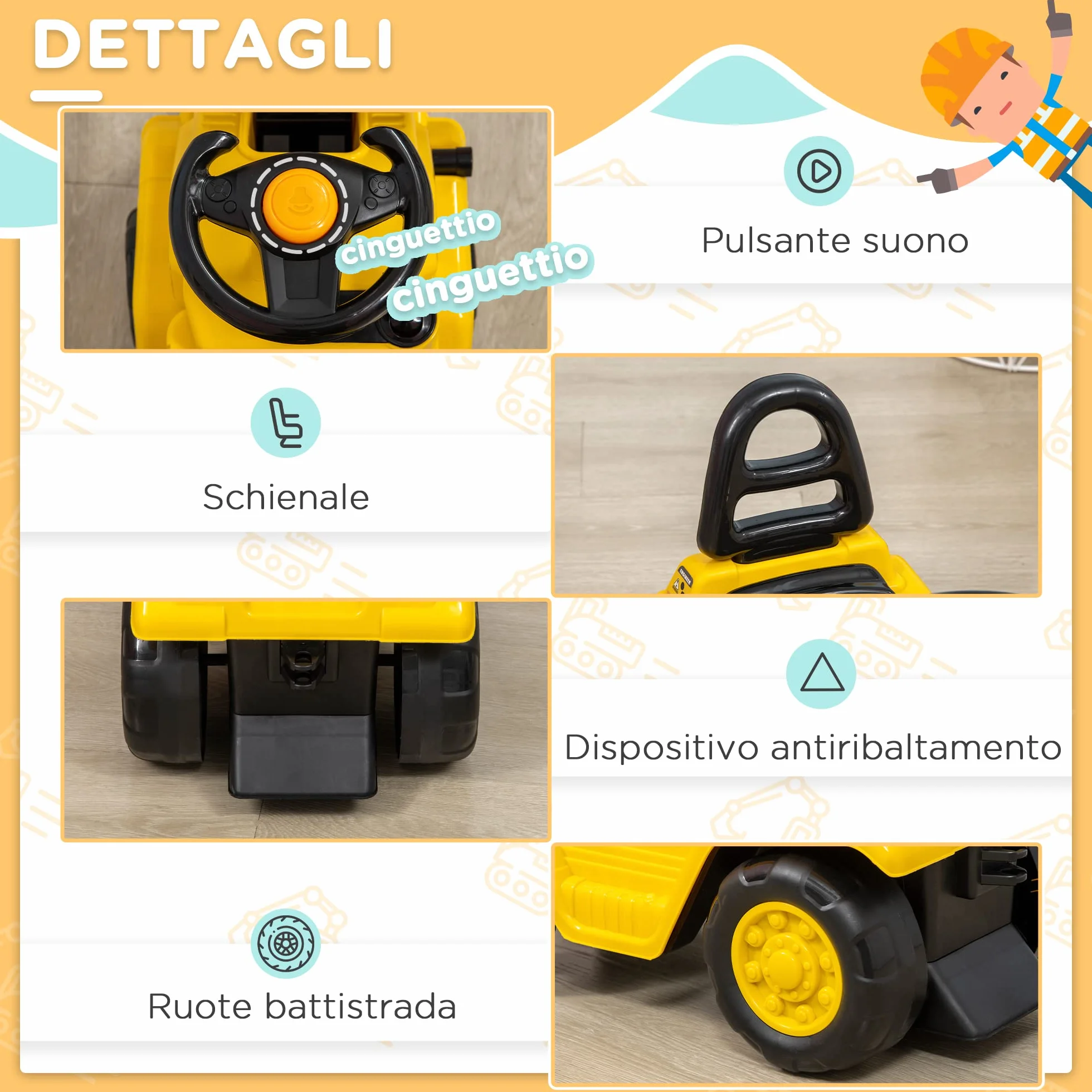 HOMCOM Trattore Cavalcabile per Bambini 3-4 Anni con Muletto, Pulsante per Suoni e Spazio Portaoggetti Nascosto, in PP e ABS, 86x27.5x47.5 cm, Giallo e Nero