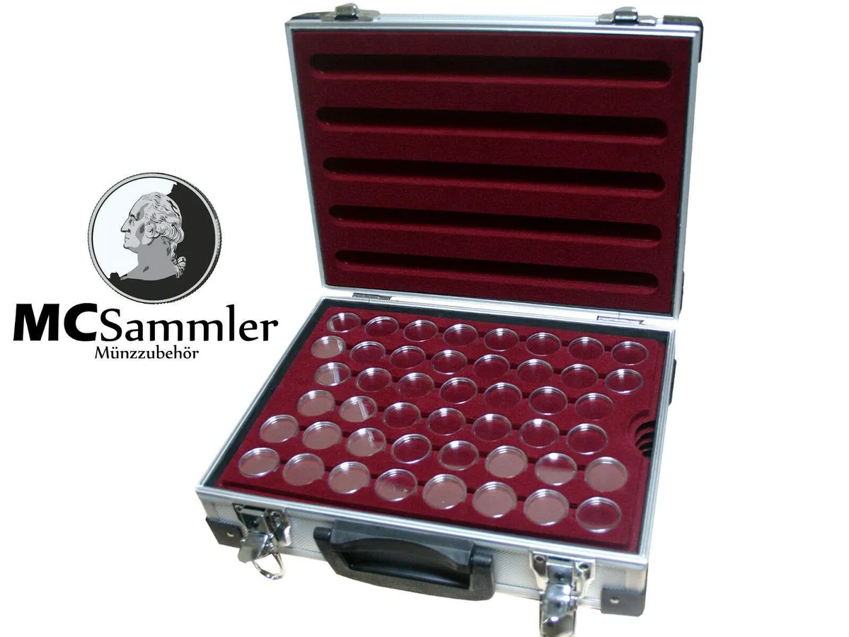 MC.Sammler - Valigetta portamonete in alluminio, con 5 vassoi portamonete per 230 monete da 2 euro in capsule, con 230 capsule da 26 mm