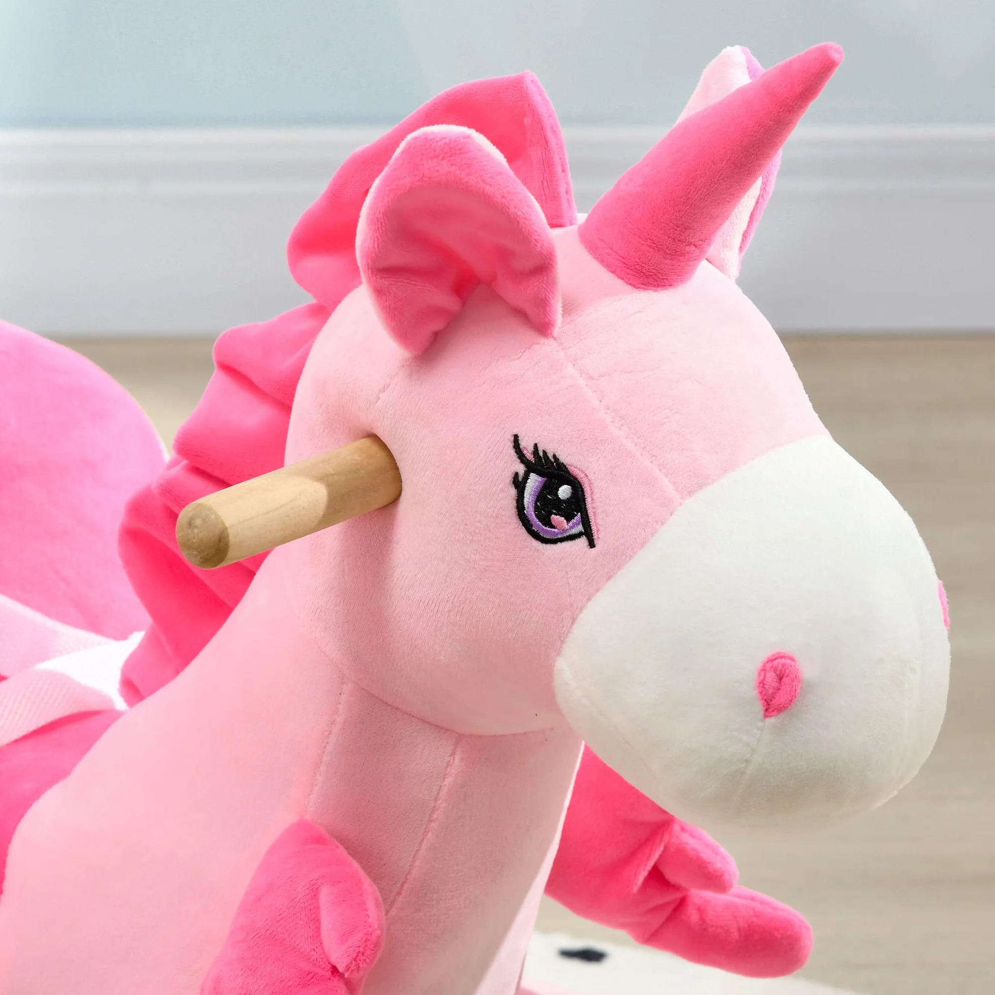 HOMCOM Cavallo a Dondolo con 32 Canzoni, Unicorno a Dondolo in Peluche con Base in Legno e Cintura di Sicurezza per Bambini da 18-36 Mesi, Rosa
