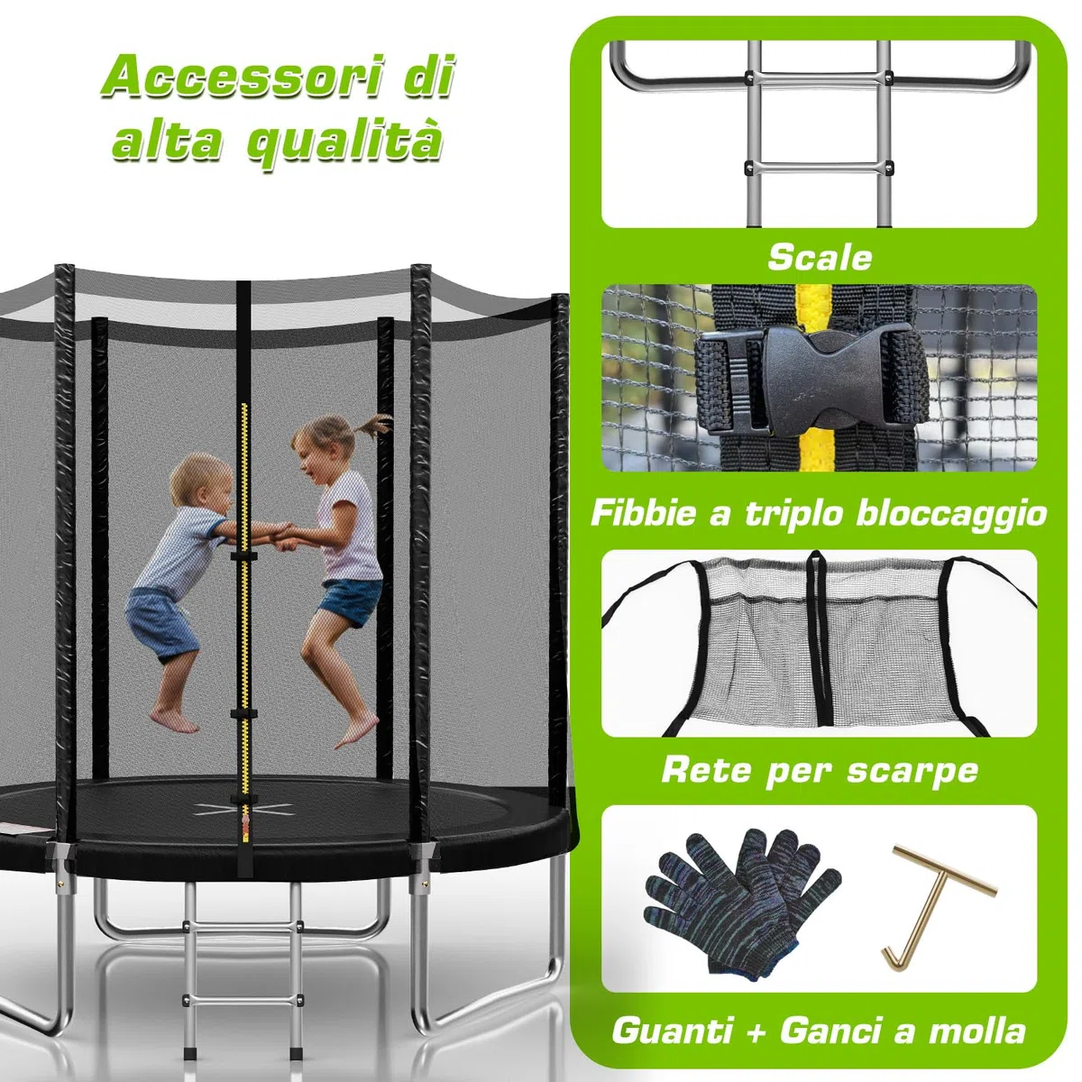 TRIUMPHKEY Trampolino esterno per bambini Ø 183/228/305/366/427 cm, trampolino da giardino, set completo con rete di sicurezza, scala, copertura del bordo, capacità di carico 50-150 kg