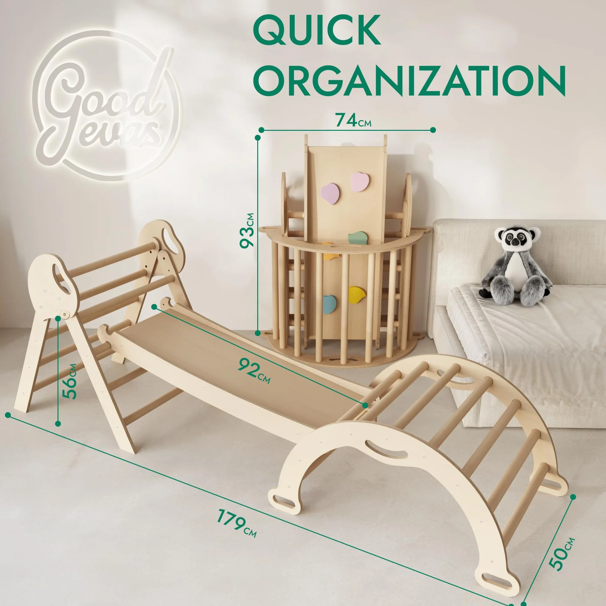 Goodevas Palestra in Legno 5 in 1 Bambini, Scala a Triangolo, Arco, Balance Board con Cuscino, Montessori 1-3 Anni