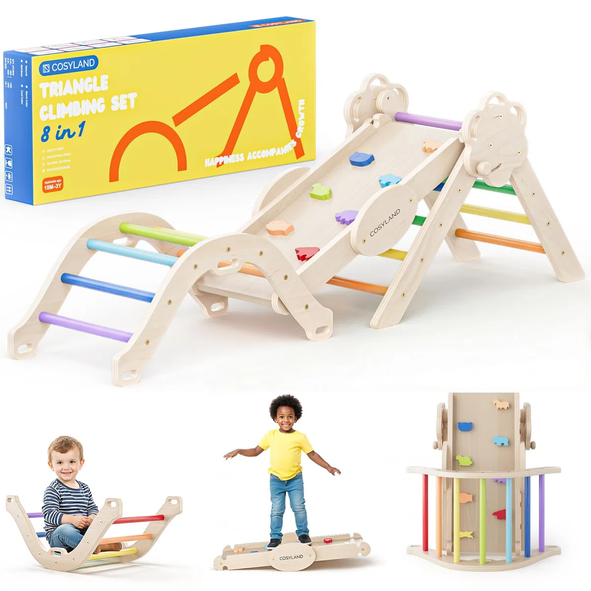 COSYLAND Set Arrampicata 8 in 1 Bambini Triangolo Pikler Arco Montessori Scivolo Pieghevole Interno 18M-3A Arcobaleno Classico