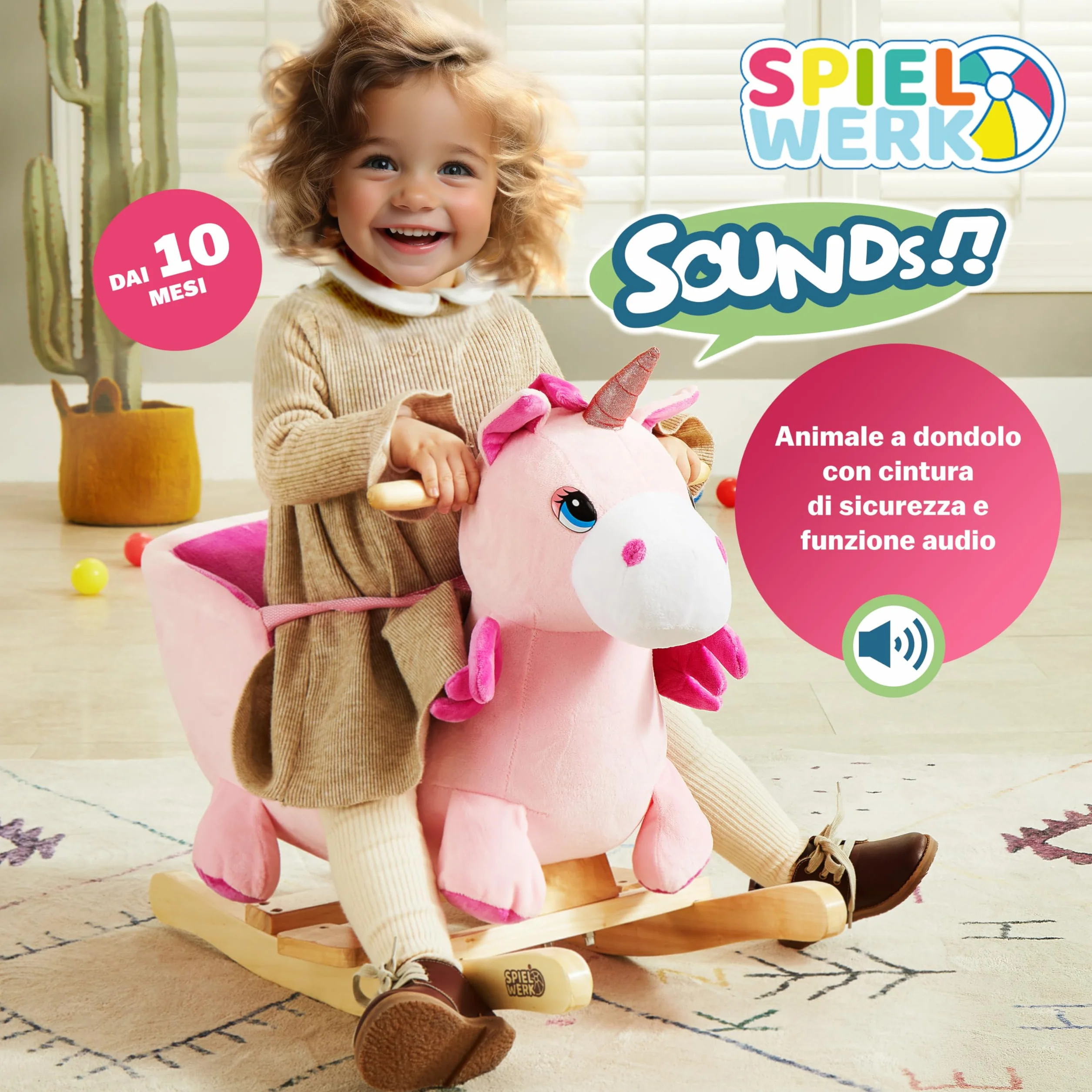DEUBA® Unicorno Rosa Peluche a Dondolo Legno con Suoni Cintura di Sicurezza Giochi Infanzia Bambini Giocattolo Regalo