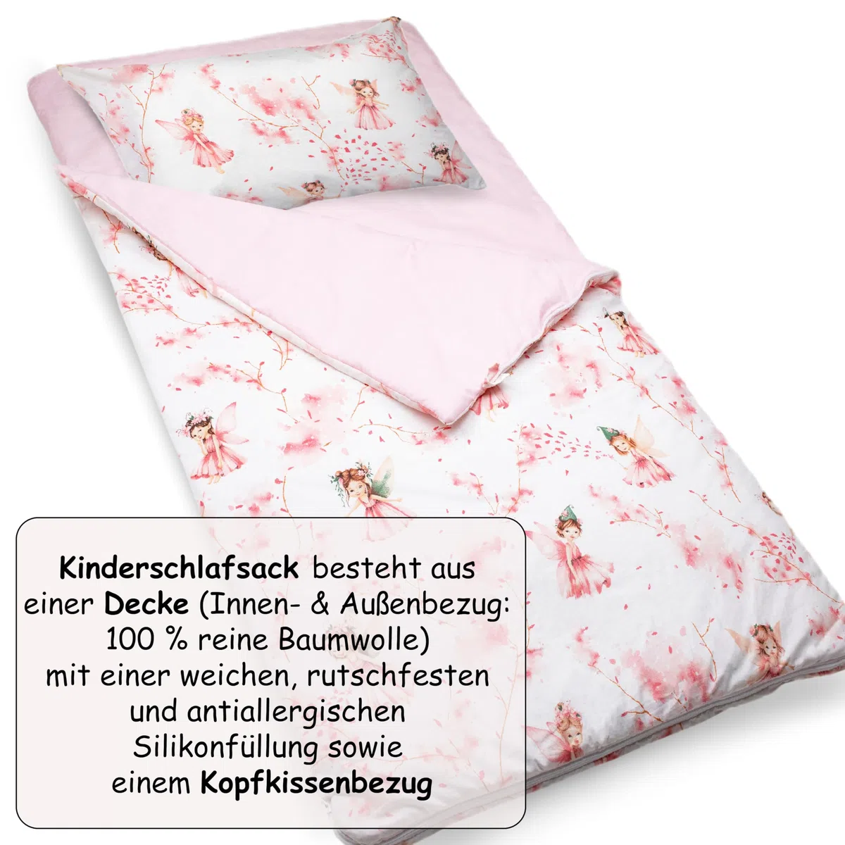 PinkZebra Sacco a Pelo Copriletto, 140 x 75 cm + federa cuscino 60 x 40 cm, per ragazze e ragazzi da 3 a 8 anni (fino a 135 cm di altezza), certificato Oeko-Tex, fata