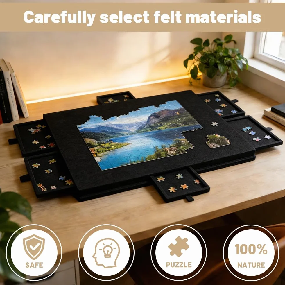 Tavolo puzzle 1000 pezzi, puzzle portatile con 6 cassetti, custodia leggera in feltro, contenitore portatile per 1000 pezzi, tavolo puzzle ribaltabile, per adulti e bambini (nero)