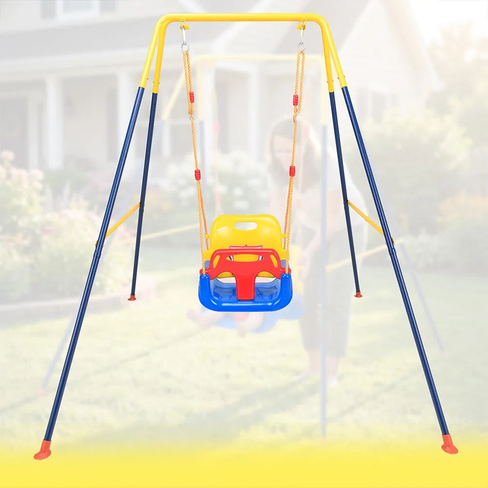 BAKAJI Altalena 3 in 1 per Bambini da Giardino, Resistente con Struttura in Acciaio e 4 Sacchi di Sabbia per Fissaggio Al Terreno, Sediolino con Cinture di Sicurezza e Schienale, Indoor/Outdoor