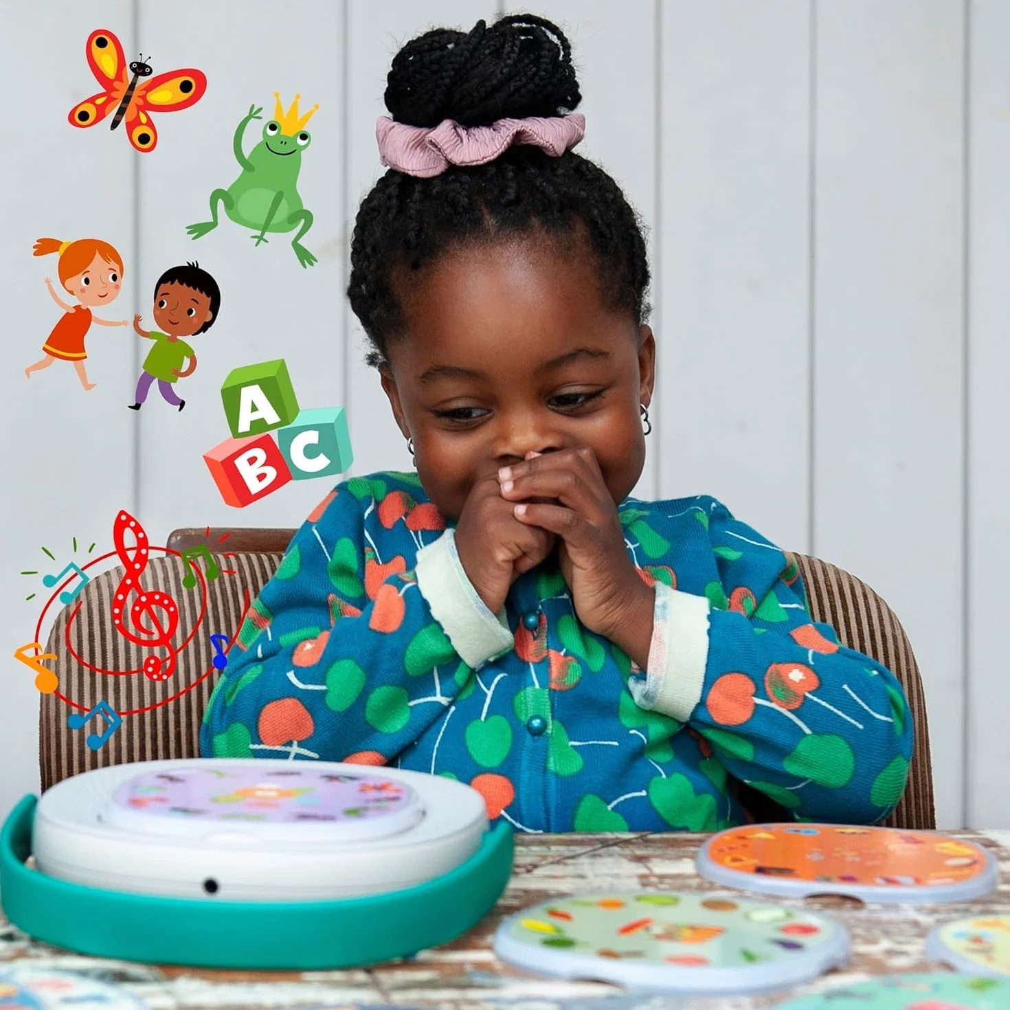 Lettore TIMIO + 5 dischi | Ascolta fiabe, storie, musica e filastrocche | Impara numeri, lettere e animali | 8 lingue incluse | Per bambini dai 2 ai 6 anni