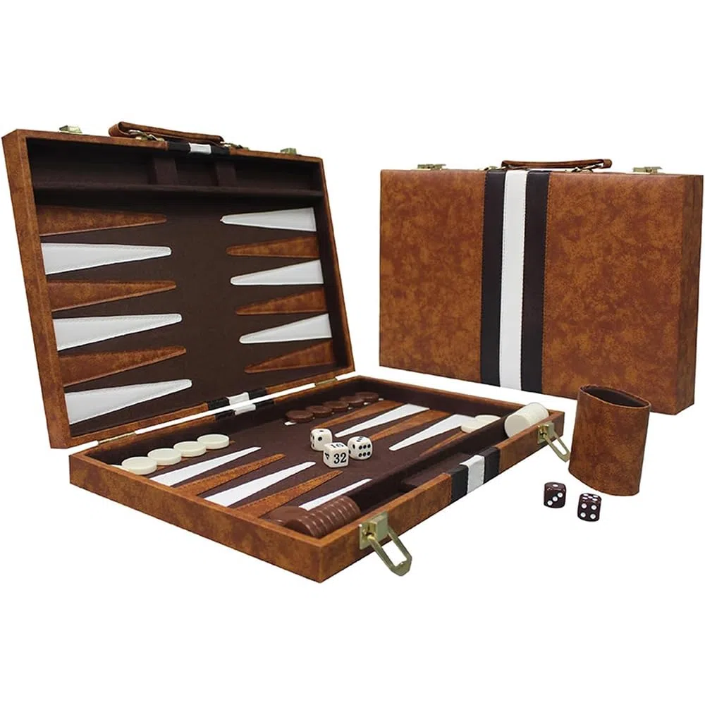 Backgammon, classico gioco da tavolo per adulti, set portatile con custodia in pelle di alta qualità, per viaggi e famiglia, 15 pollici, marrone, 2 giocatori, dai 14 anni in su