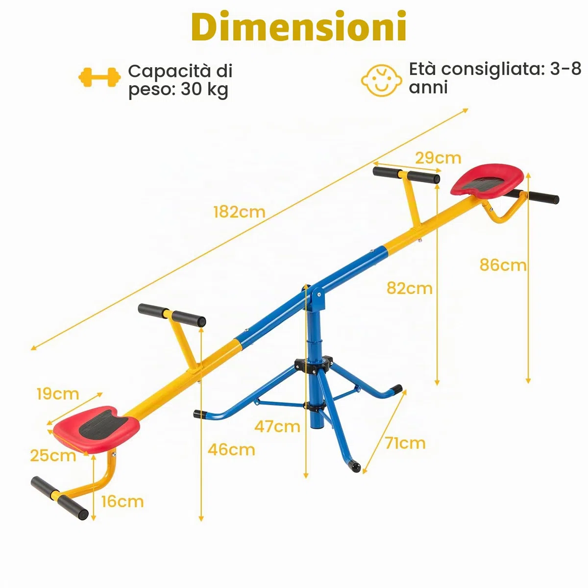 HOMASIS Dondolo Infantile 2 posti, Altalena Esterno 360° Rotazione Blocco Gambe, 60 kg, 182x29x86cm, Colorato