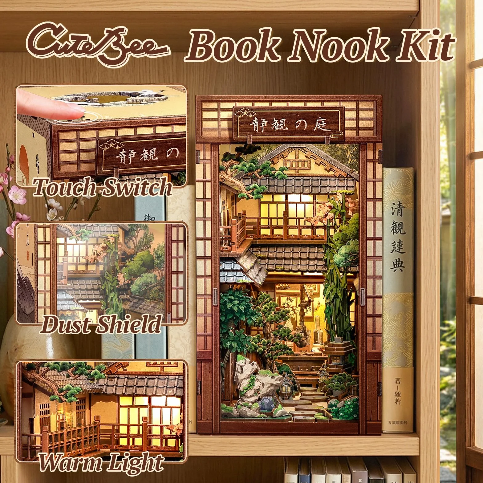 CUTEBEE Book Nook - Kit per casa delle bambole per adulti, casa giapponese in miniatura con luce LED, decorazione per libreria, regalo unico (cortile sereno)