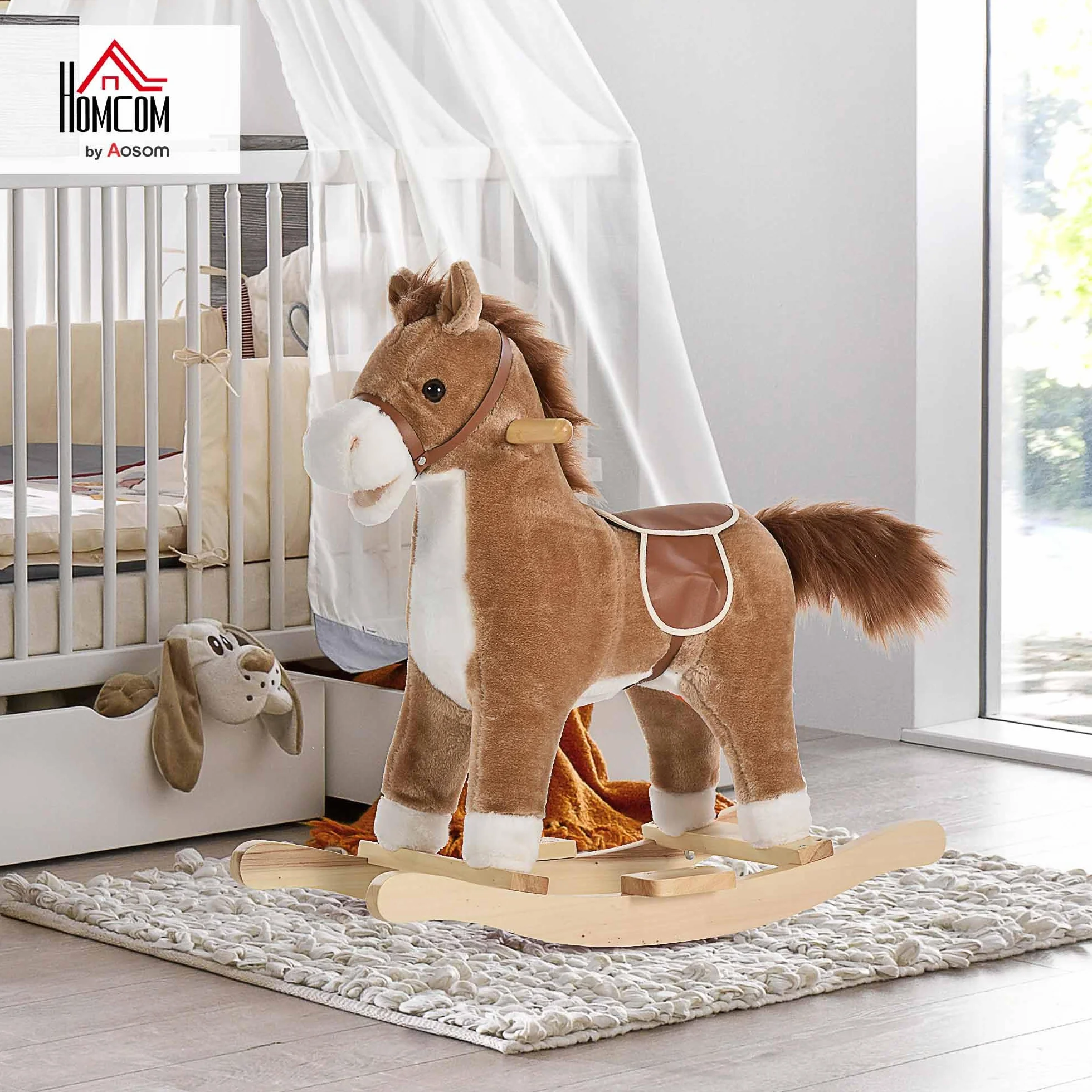 HOMCOM Cavallo a Dondolo per Bambini, Cavallino a Dondolo Bambini 36-72 Mesi, Cavalluccio Giocattolo con Suoni Realistici e 2 Batterie AA, Marrone