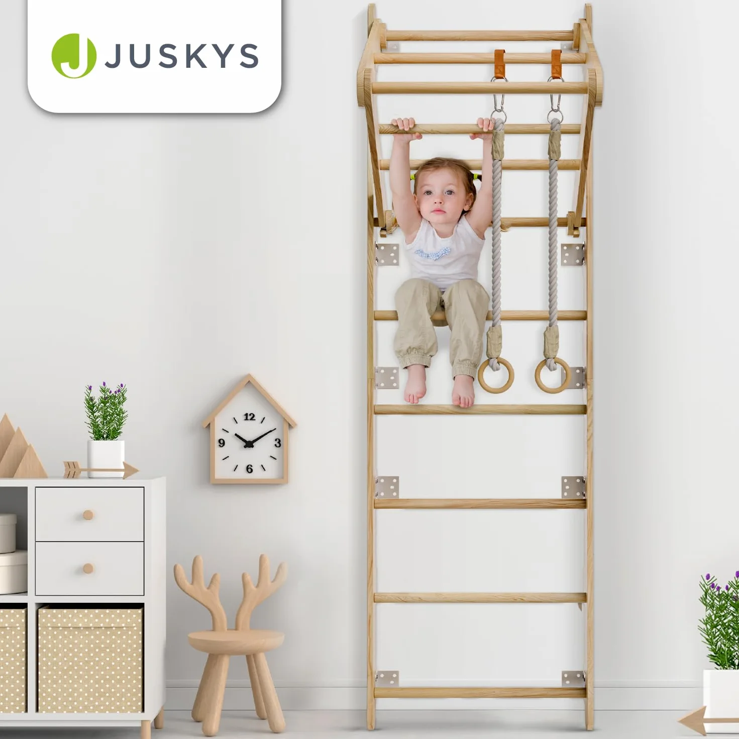 Juskys spalliera per bambini - con barra di trazione, struttura di arrampicata per interni con anelli ginnici e scala di corda, parete di arrampicata per la stanza dei bambini, barra ginnica