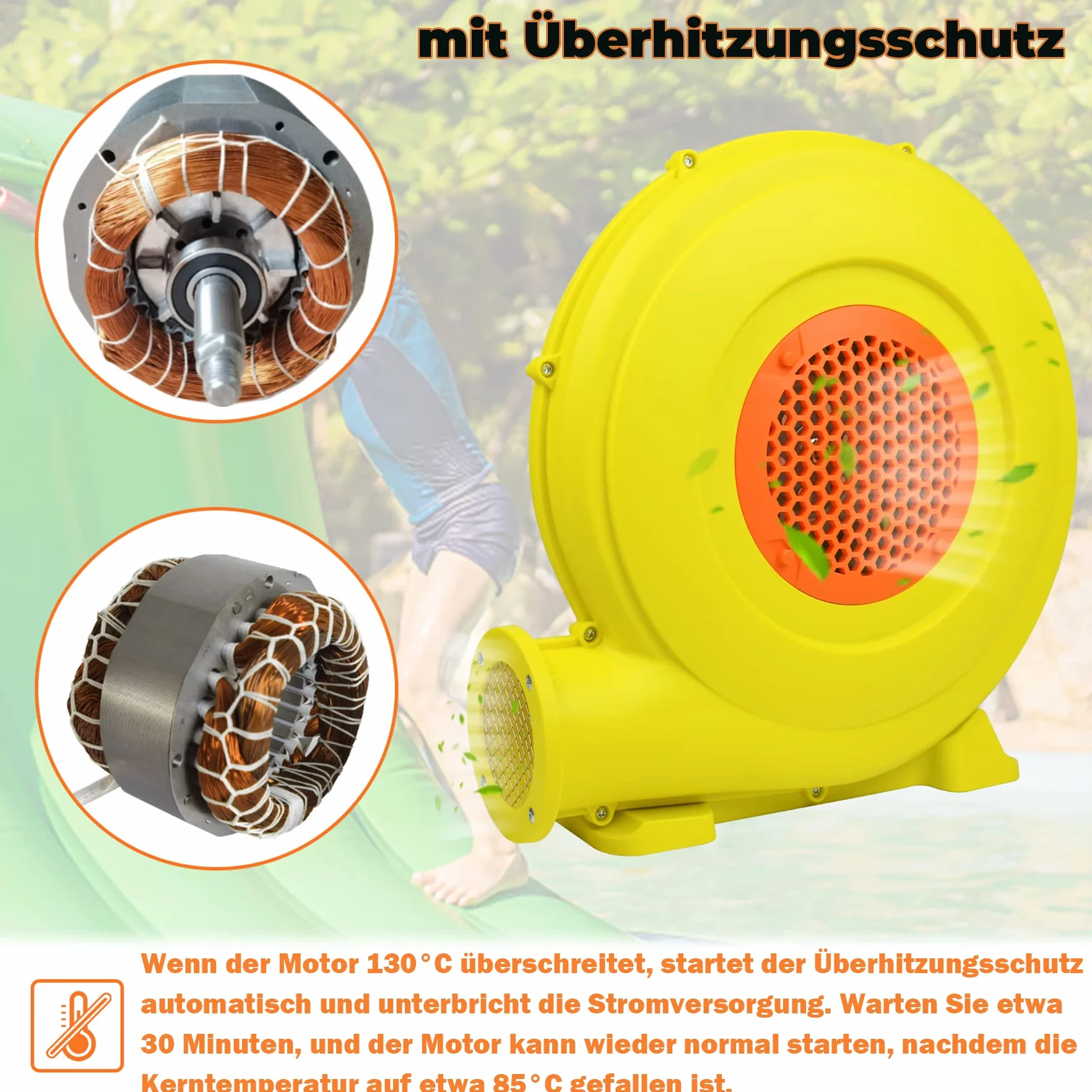 Froadp 750W Ventilatore di Aria del Castello Gonfiabile Pompa d'Aria Elettrica 220-240V Bassa Rumorosità Soffiatore Portatile con Impugnatura e Punta a Terra per Giochi Gonfiabili (Giallo+Arancione)