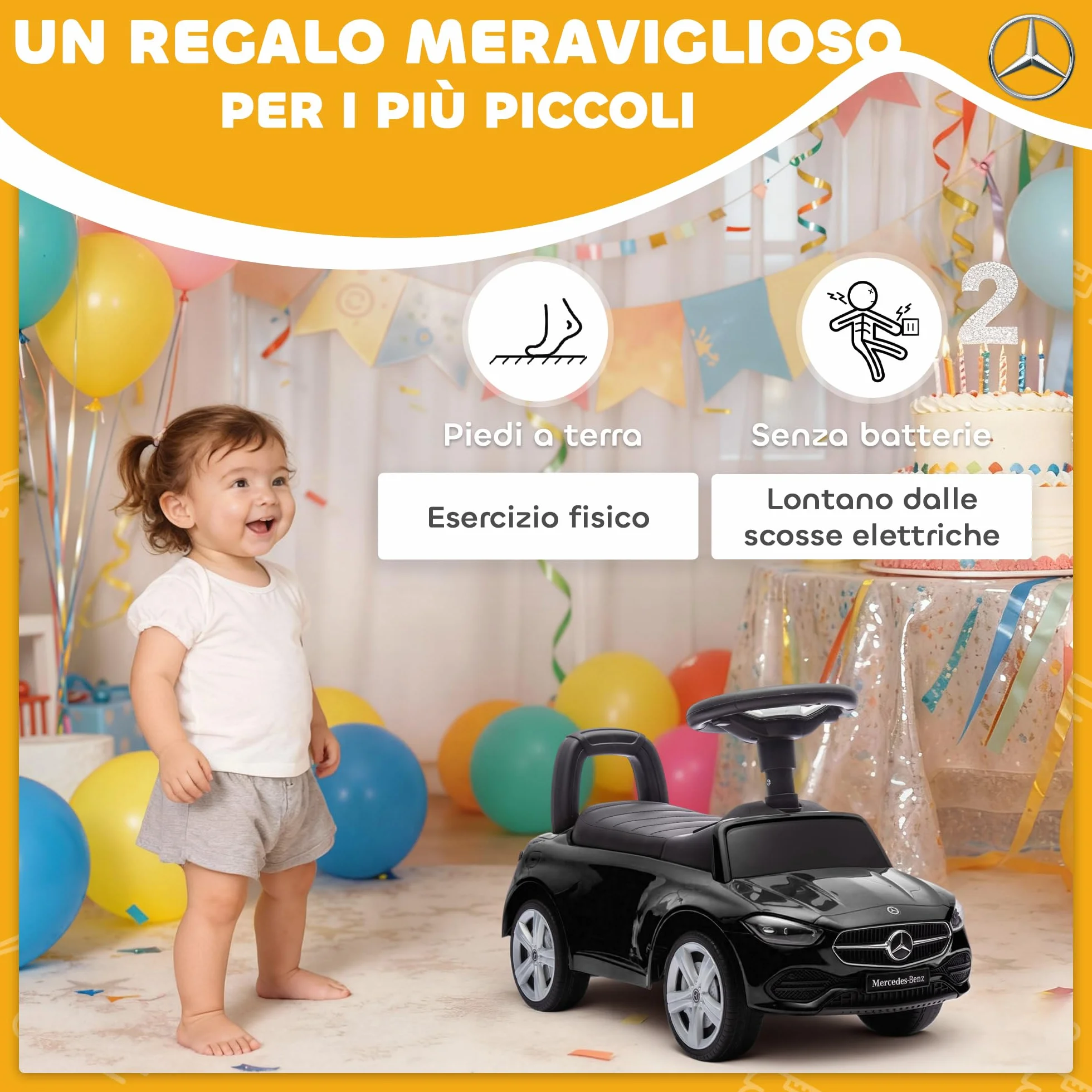 AIYAPLAY Macchina Primi Passi per Bambini Licenza Mercedes Benz con Clacson e Spazio Portaoggetti, Auto per Bambini in PP e Acciaio, 65x28x39 cm, Nero
