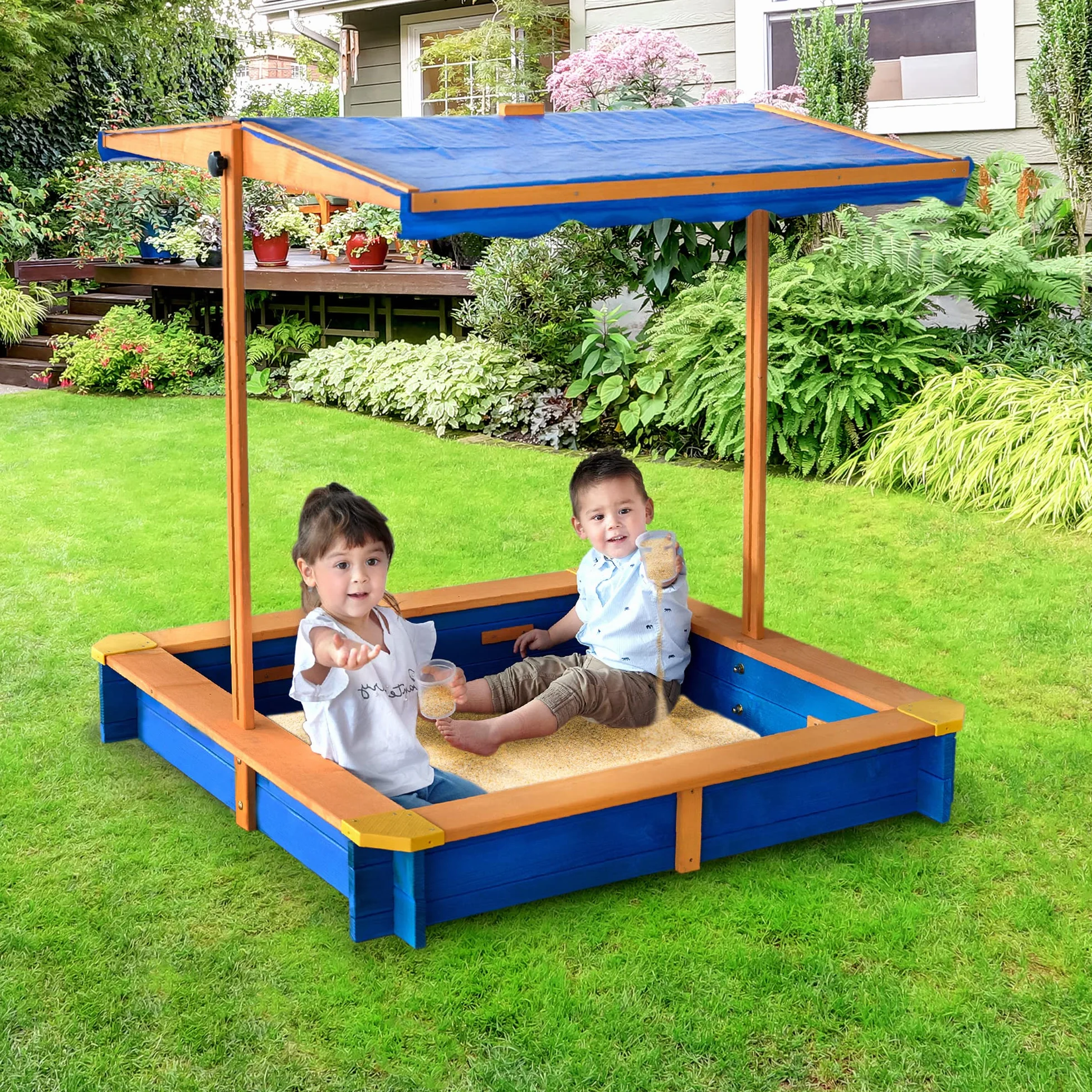Teamson Kids Wooden Sand Pit con Coperchio, Grande Scatola di Sabbia all'aperto con Copertura a baldacchino rotabile per Giardino Esterno, Altezza Regolabile, Sabbia per Bambini