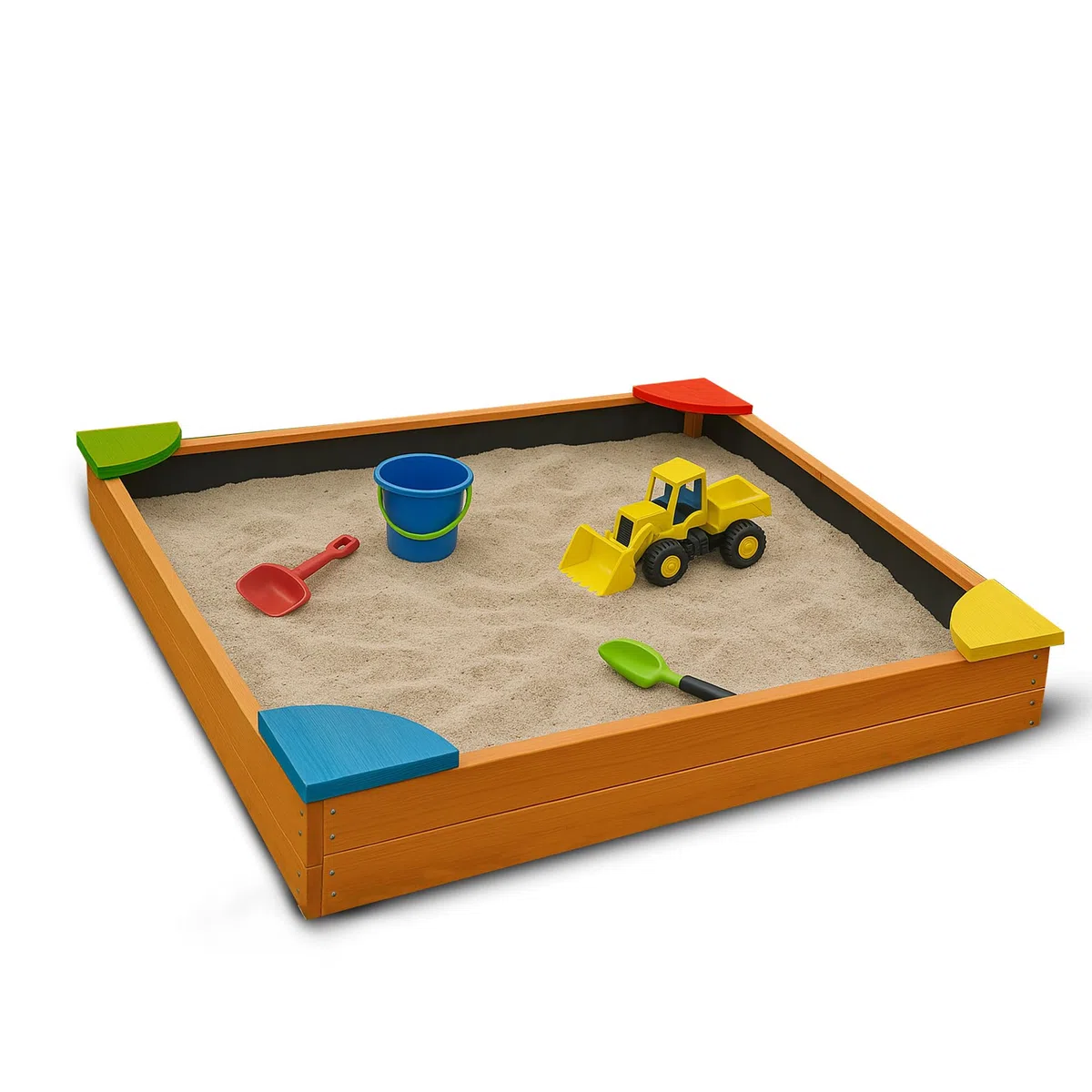 Bestlivings Sabbiera con copertura 90 x 90 x 16 cm, sandbox in legno con telone contro erbacce e coleotteri, cassetta con angoli colorati per il giardino