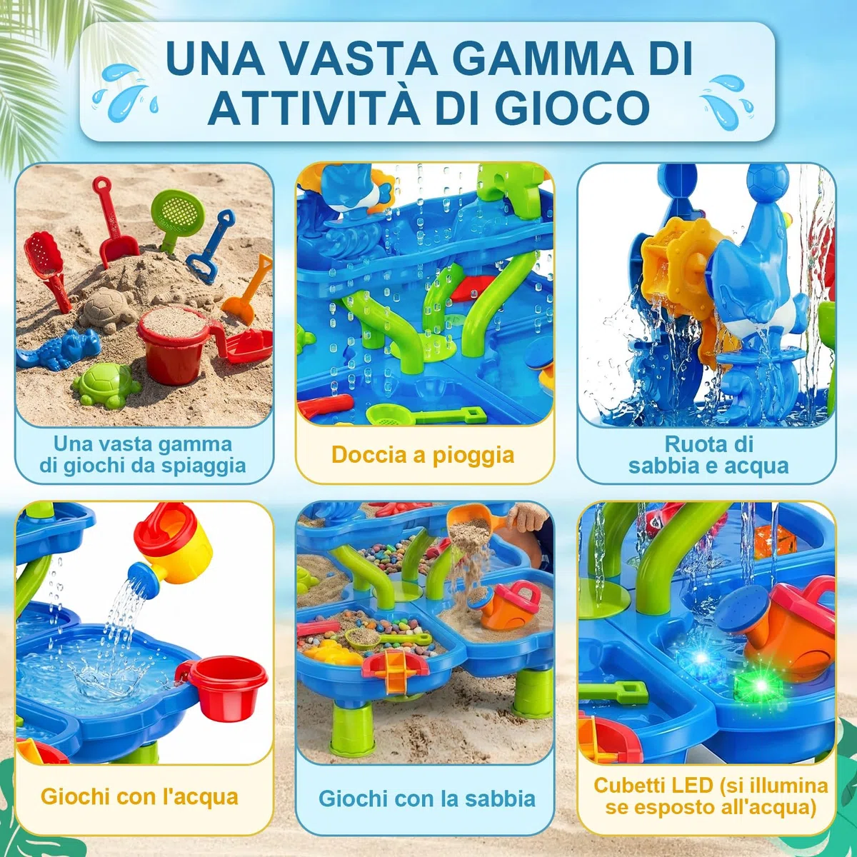 Tavolo Acqua Bambini, Tavolo Sabbia e Acqua a 4 Livelli con Accessori per Sabbiera, Grande Tavolo d’Acqua per Giardino, Spiaggia ed Estate, Giocattolo d’Acqua per Bambini dai 3 Anni