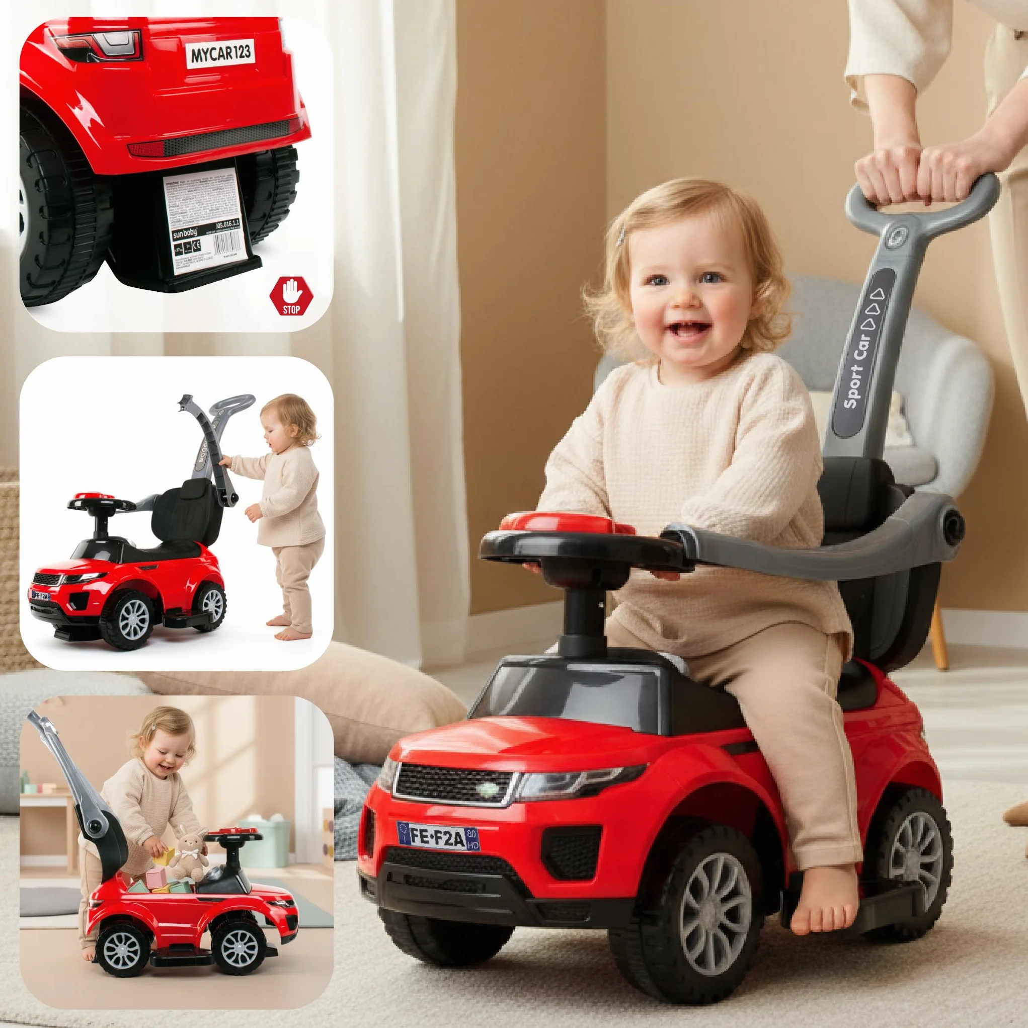 Auto a spinta per bambini 4in1, scivolo a partire da 1 anni, con clacson e musica, spazio per riporre i bagagli sotto il sedile (Rosso)