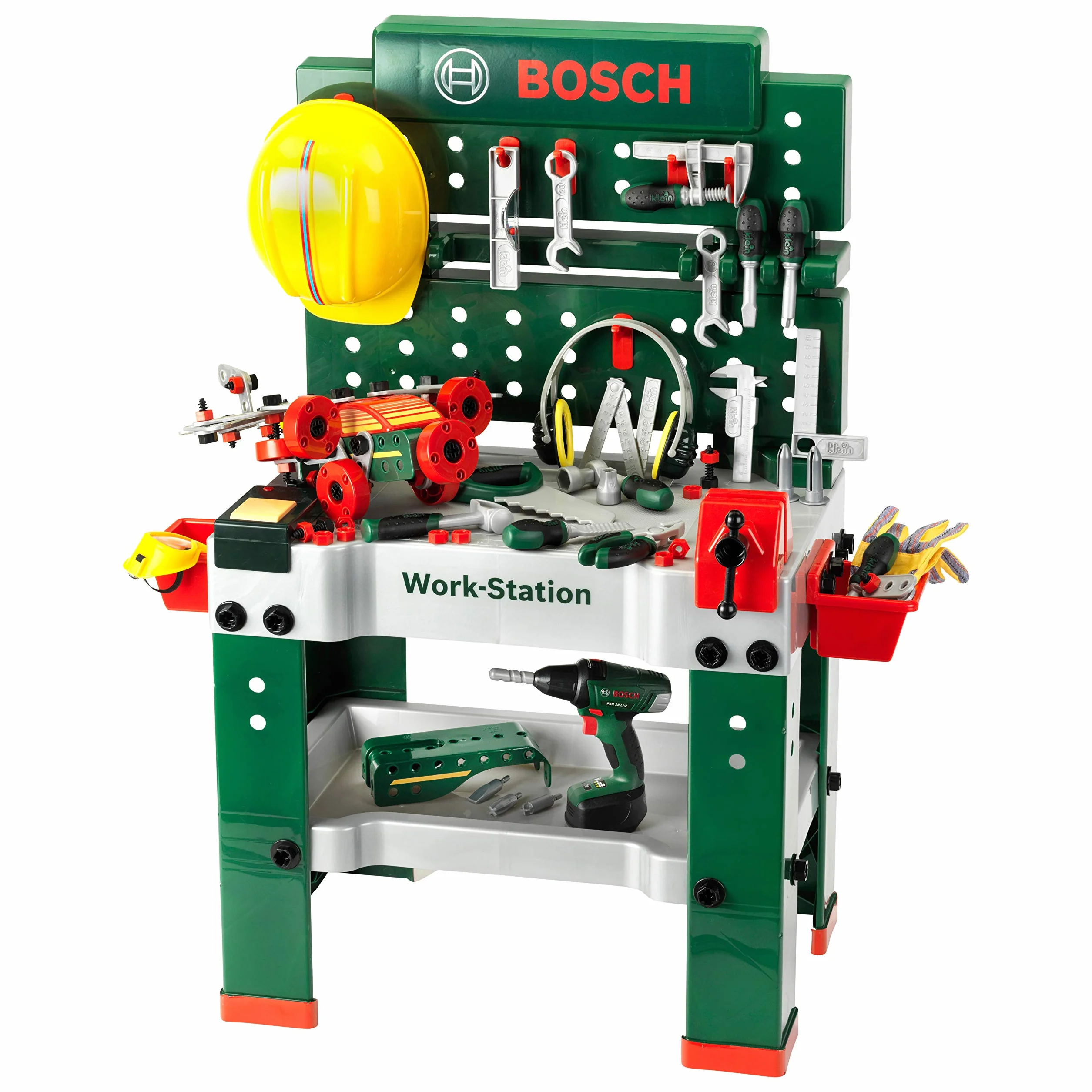Theo Klein 8485 Banco da lavoro n. 1 Bosch, 150 Pezzi, con Attrezzi e molti Accessori, Avvitatore a Batteria con Luce e Rumori, Per Bambini dai 3 Anni in su