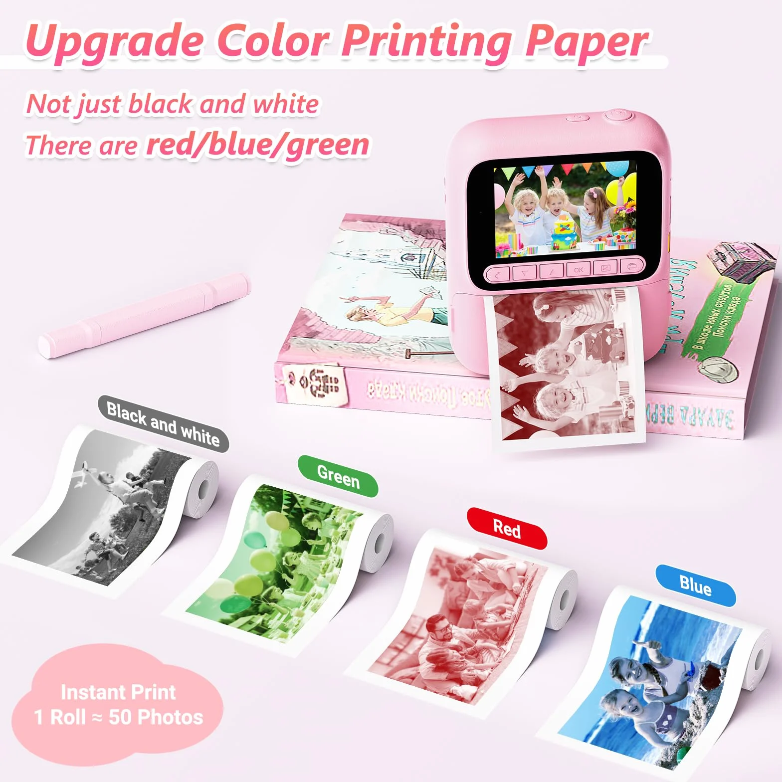 Macchina Fotografica Bambini Istantanea,Fotocamera Istantanea 1080P con 5 Rotoli di Carta da Stampa,Scheda da 32GB e Penne Colorate,Fotocamera Digitale Portatile per Bambini dai 3-14 Anni (Rosa)