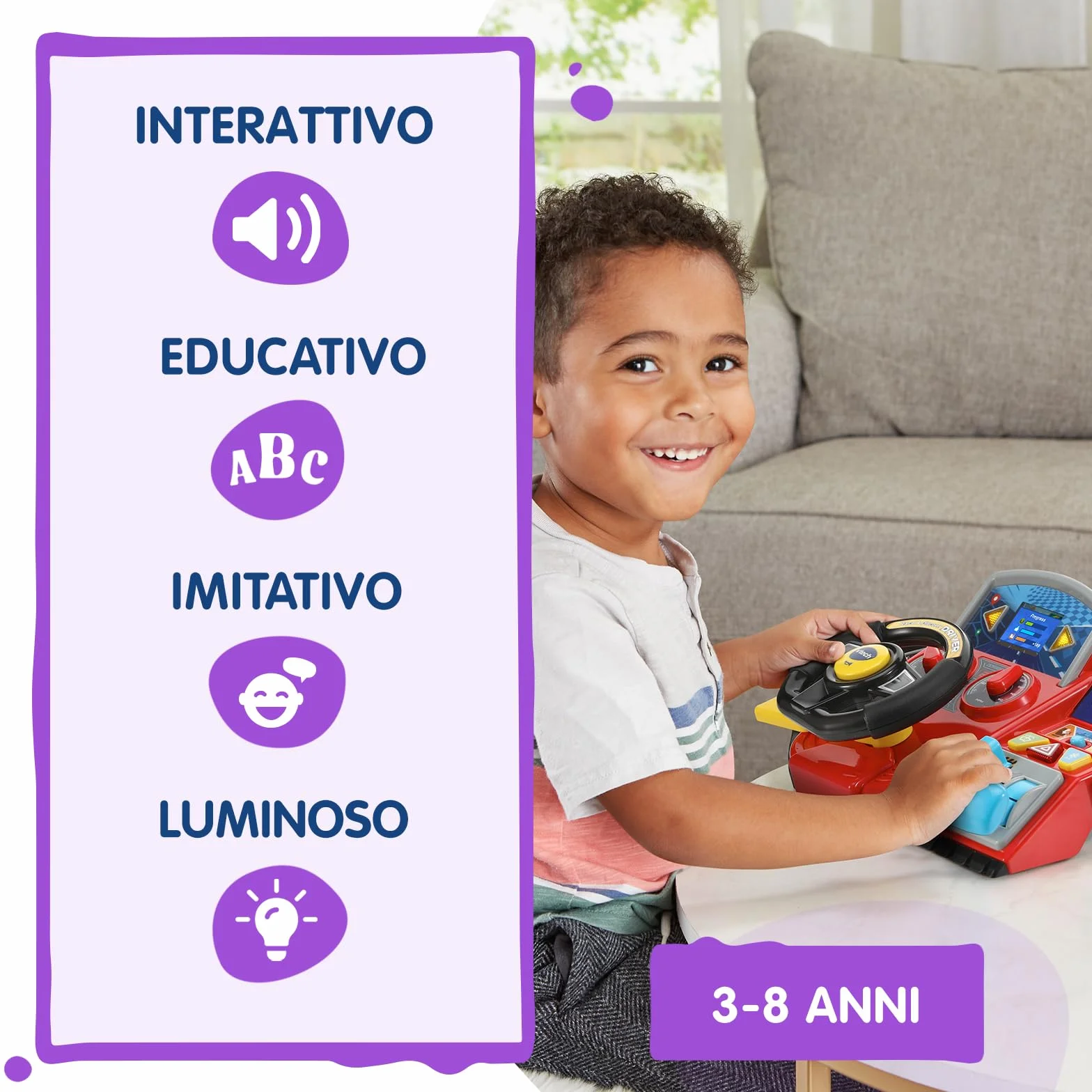 VTech Volante Turbo Pilota, Volante Bambini con Cruscotto Interattivo, Oltre 20 Giochi Educativi e 9 Circuiti, Schermo LCD, Clacson e Indicatore Direzione, Lingua Italiana, Batterie Incluse, 3-8 Anni