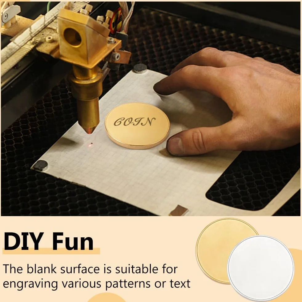 WEBEEDY 20 pezzi Blank Challenge Coin Incisione Monete grezze in metallo punzonatura 40 mm per incisioni laser a fibra, rotonde, tag filettati, moneta con scatola protettiva in acrilico, oro e argento