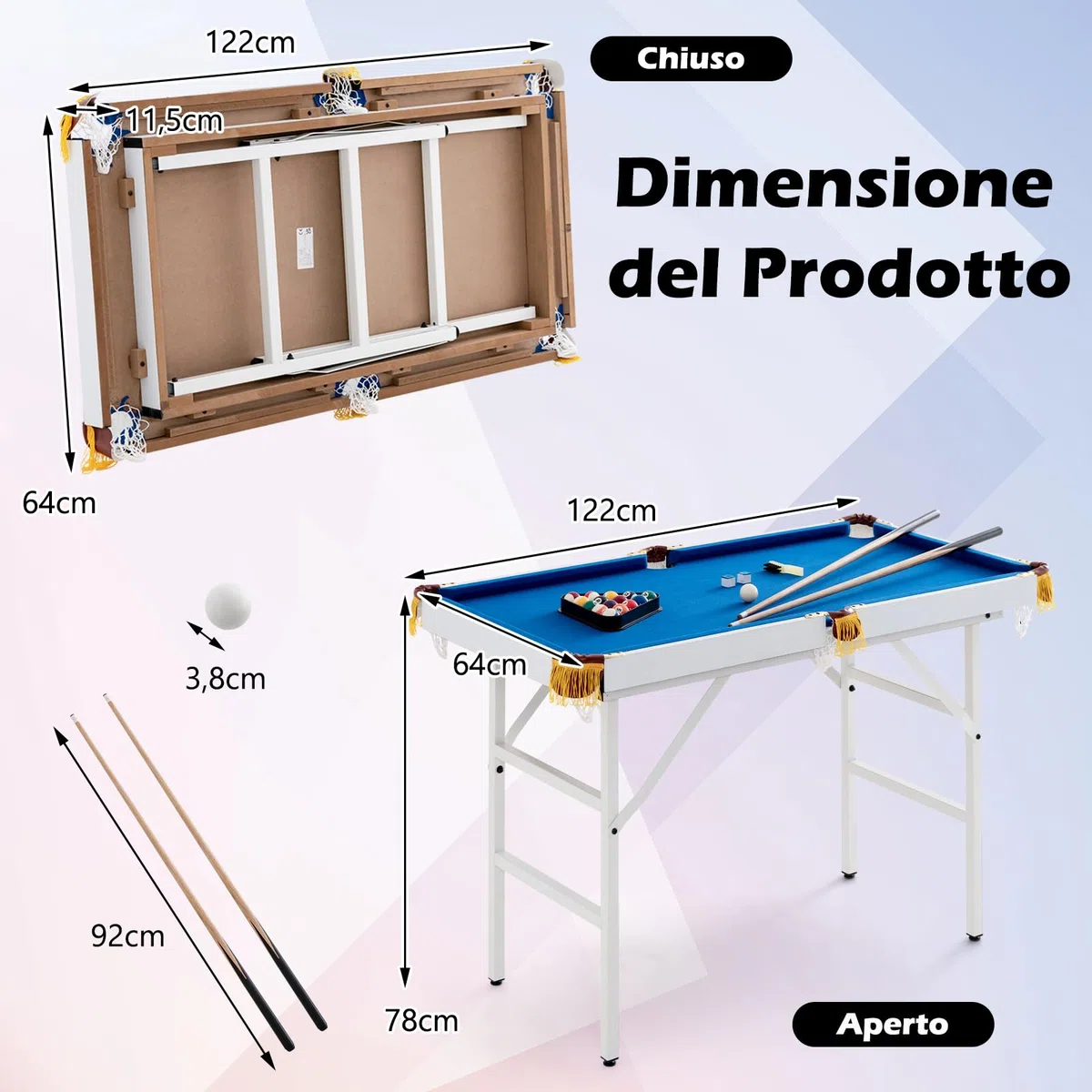 COSTWAY Tavolo da Biliardo Pieghevole, Mini Tavolo da Gioco Biliardo con Set di Accessori Stecche Palline Gessetti e Spazzola, Piedi Regolabili, per Sala Giochi bar Palestra, 122x64x78 cm