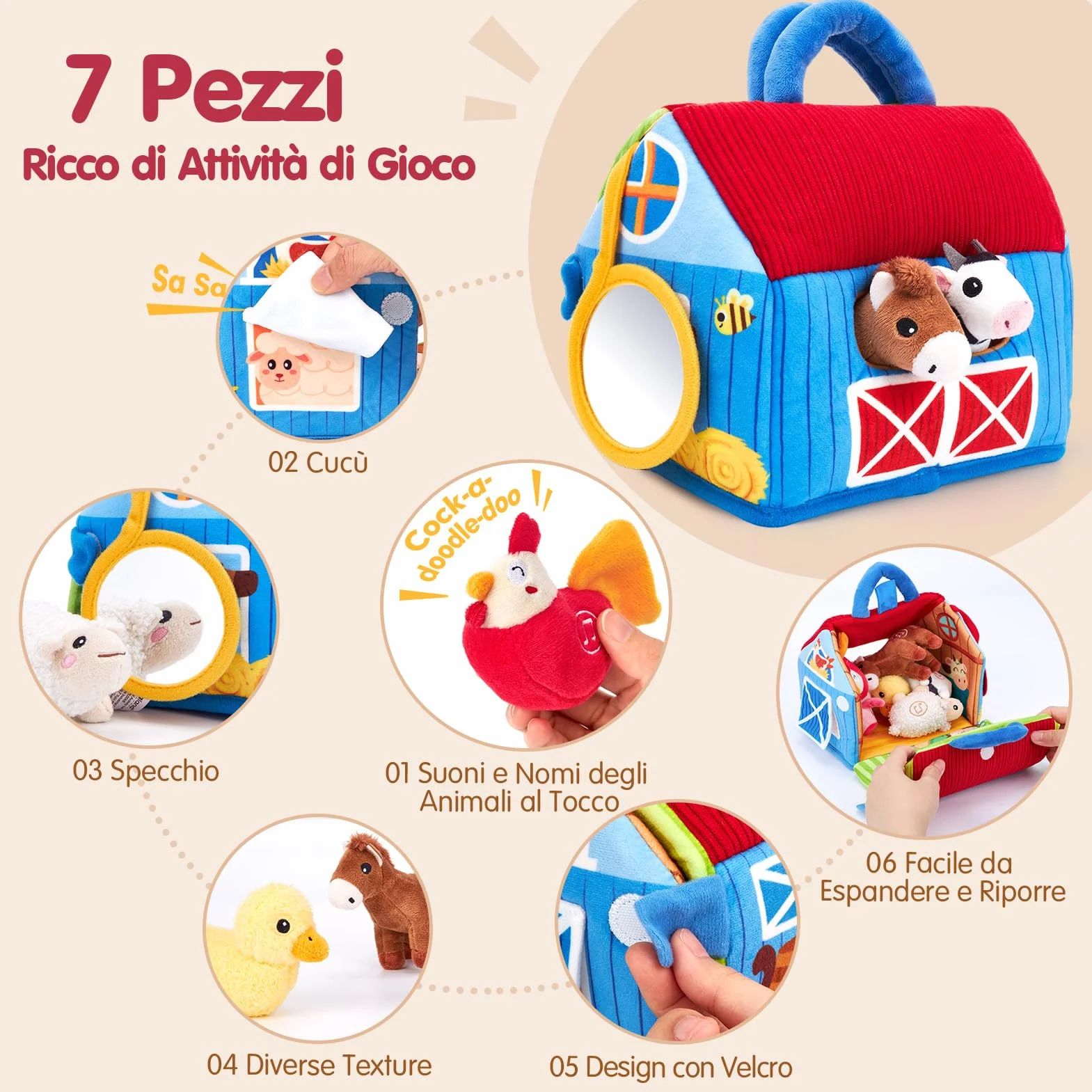 hahaland Giochi Bambini 1 anno - Fattoria Sonora in Peluche, con 6 Animali Morbidi e Suoni Realistici, Gioco Educativo Bambino Montessori Sensoriale Regalo 6 12 18 mesi