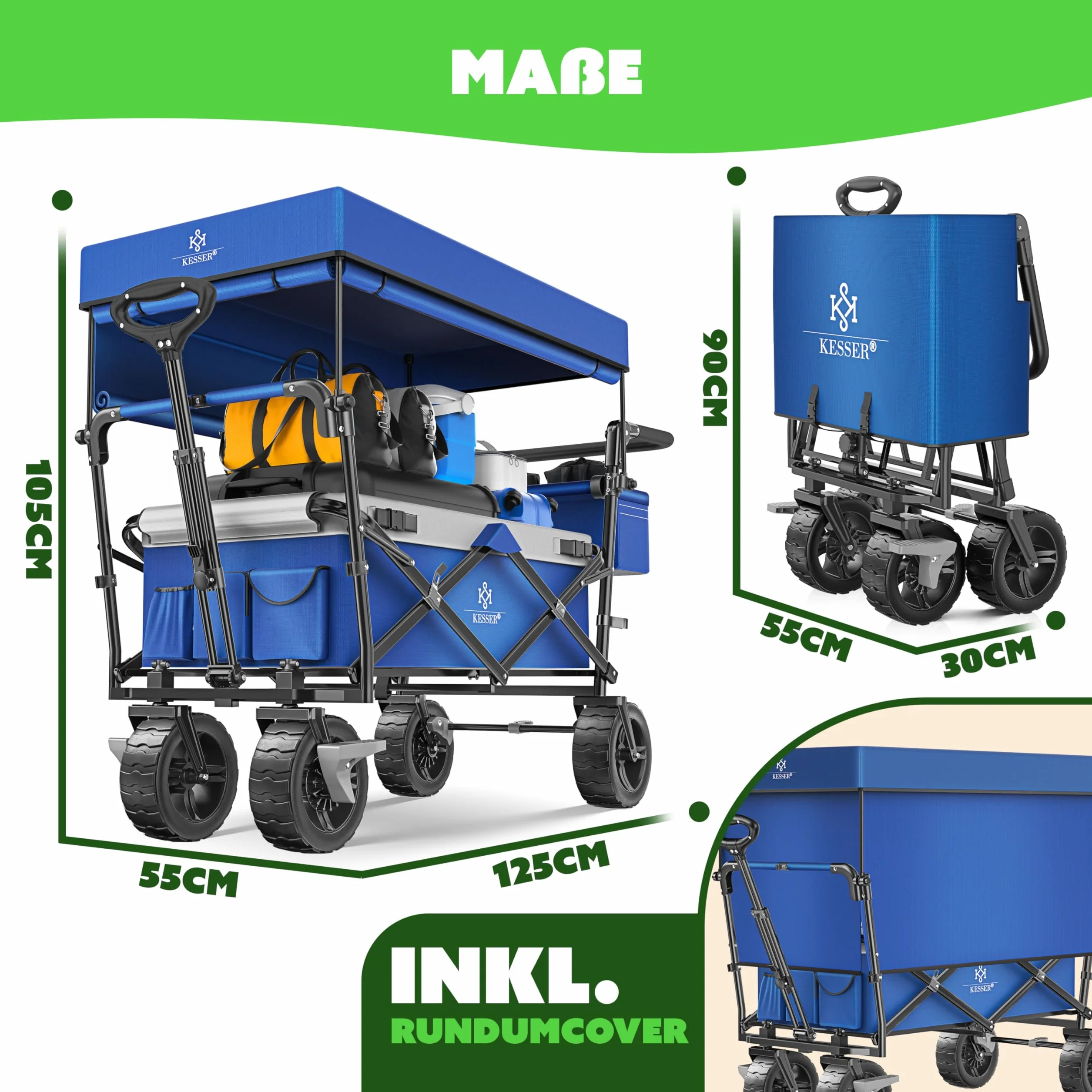 KESSER® Carrello pieghevole XXL con tettuccio GT9000, carrello pieghevole fino a 150 kg, per bambini, spiaggia, campeggio e giardino, grande carrello di trasporto con ruote in gomma rigida, freni