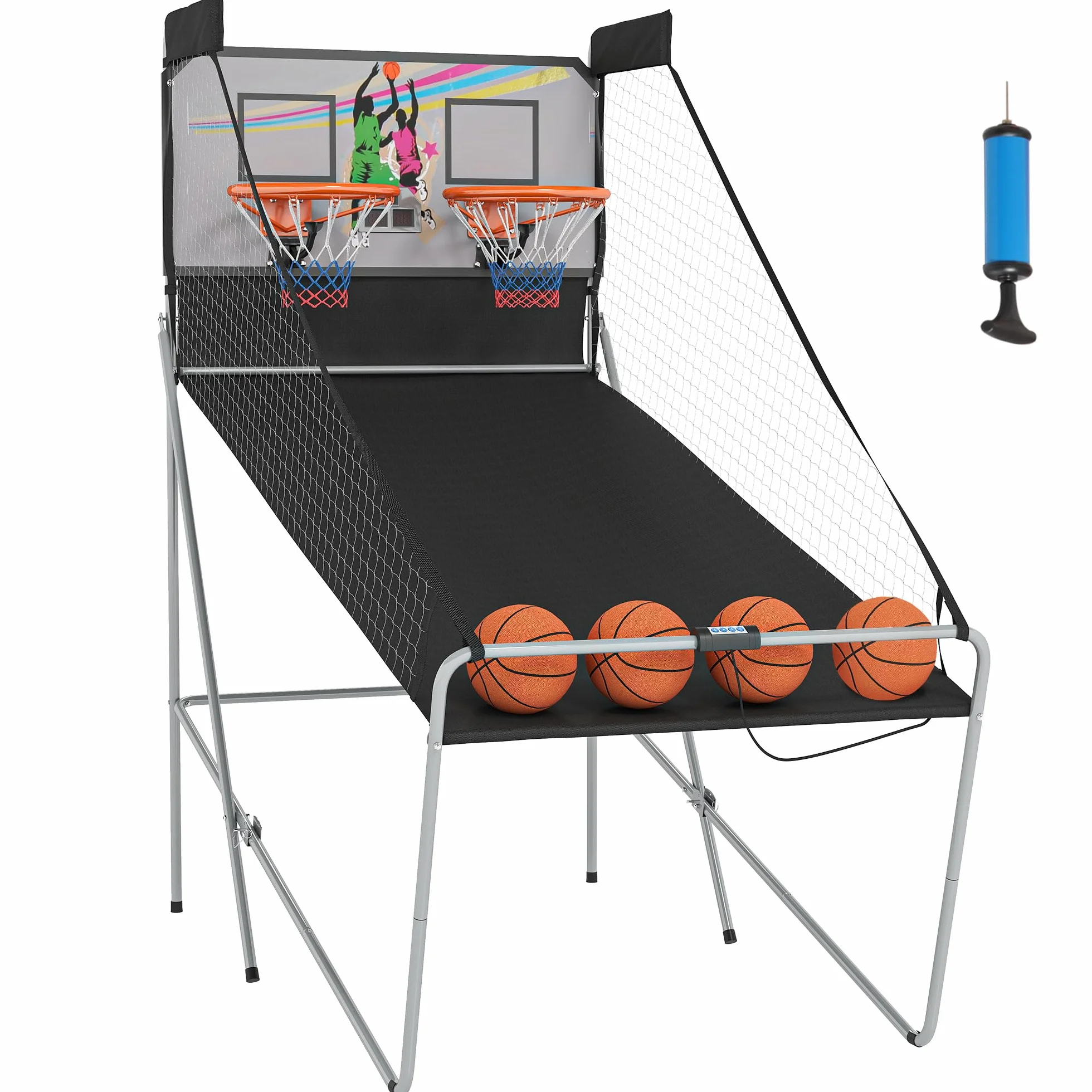HOMCOM Canestro Basket con Tabellone LED, Pompa, 2 Canestri, 4 Palloni e 8 modalità di Gioco, Macchina da Pallacanestro Elettronica in Acciaio, Tessuto Oxford, MDF, 205x110x205 cm, Bianco e Nero