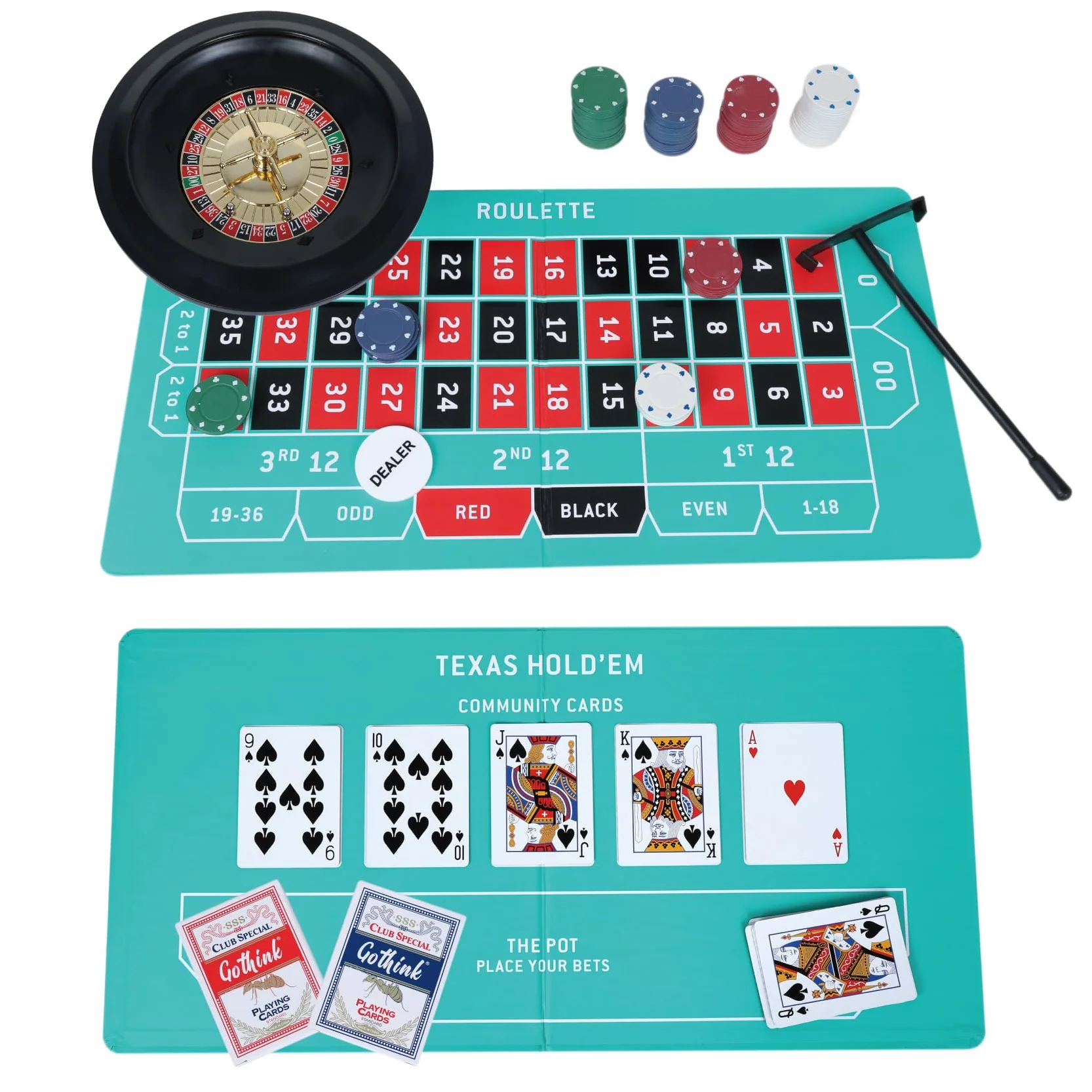 GOTHINK Set di Casinò con Roulette da 25,4 cm, 200 Carte, Strumento di Punti, 2 Palline e Gioco di Texas Hold’em – Ideale per Feste e Celebrazioni